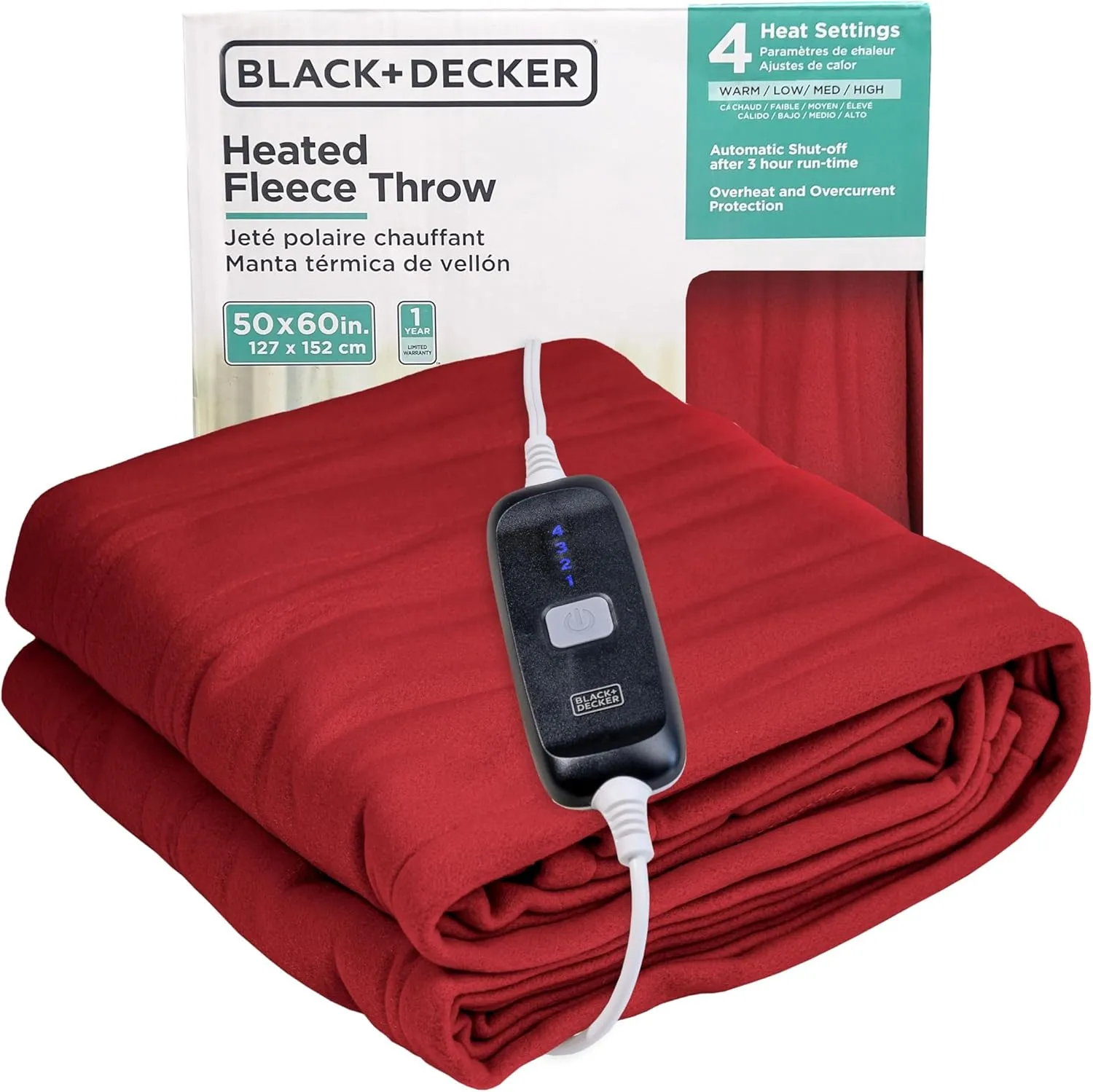 BLACK DECKER Heated Blanket Electric Throw, Fleece Electric Blanket, Heating Blanket with 4 Heating Levels, 3H Timer, Auto Shutoff, Fast Heating (50x60 inches, Maroon)