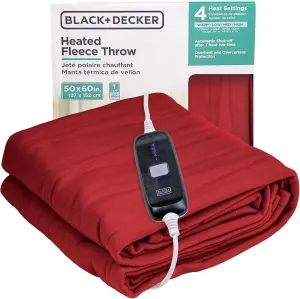 BLACK DECKER Heated Blanket Electric Throw, Fleece Electric Blanket, Heating Blanket with 4 Heating Levels, 3H Timer, Auto Shutoff, Fast Heating (50x60 inches, Maroon)