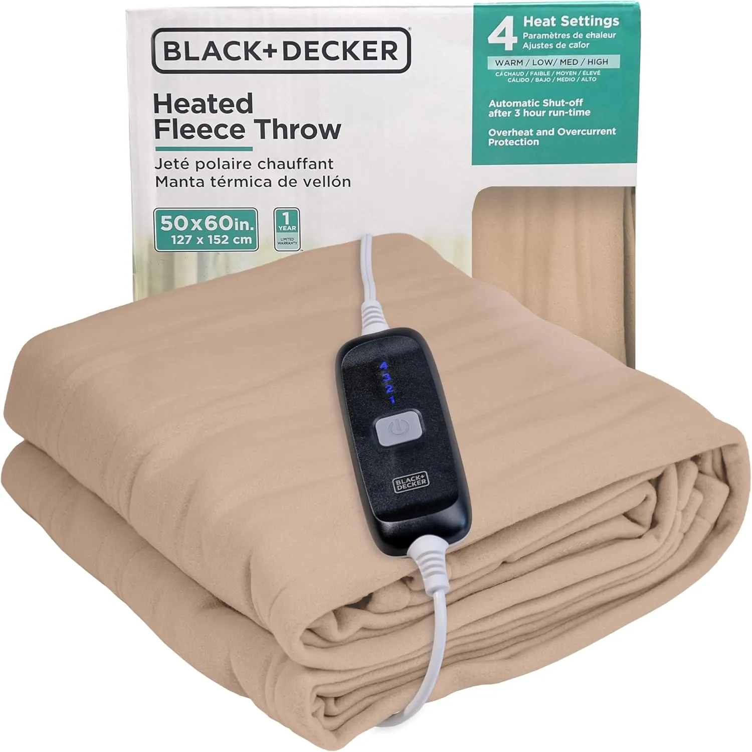 BLACK DECKER Heated Blanket Electric Throw, Fleece Electric Blanket, Heating Blanket with 4 Heating Levels, 3H Timer, Auto Shutoff, Fast Heating (50x60 inches, Mushroom)