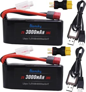 Blomiky 2 Pack 7.4V 2S 3000mAh Shorty T Plug Lipo Battery Pack with XT60 Converter and 2 Charger Cables Suitable for Wltoys 124019 124018 144001 and Hyper Go H14BM14210 RC Trucks / 7.4V 3000mAh T