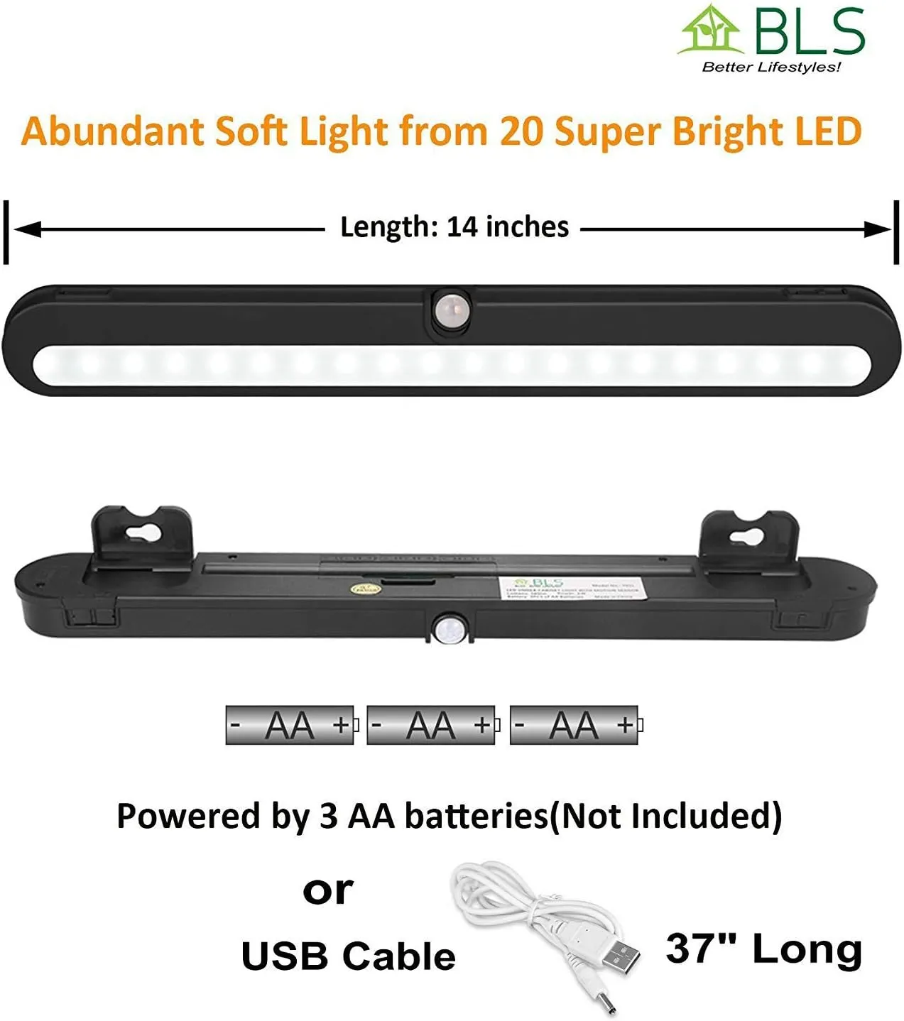 BLS T01LB LED Closet Light Super Bright 20 LED Under Cabinet Lighting Battery Powered / DC Input Wireless Motion Sensing Light, Auto On Off Switch, Motion & Light Sensor, Light Beam Adjustable