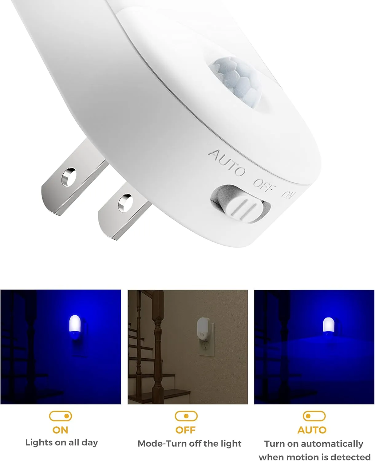 Blue Night Light Plug in, LOHAS Motion Sensor Blue LED Night Lights Plug Into Wall, Adjustable Brightness, 0.6W LED Night Lights for Kids, Bathroom, Bedroom, Independence Day Decorations, 2 Pack