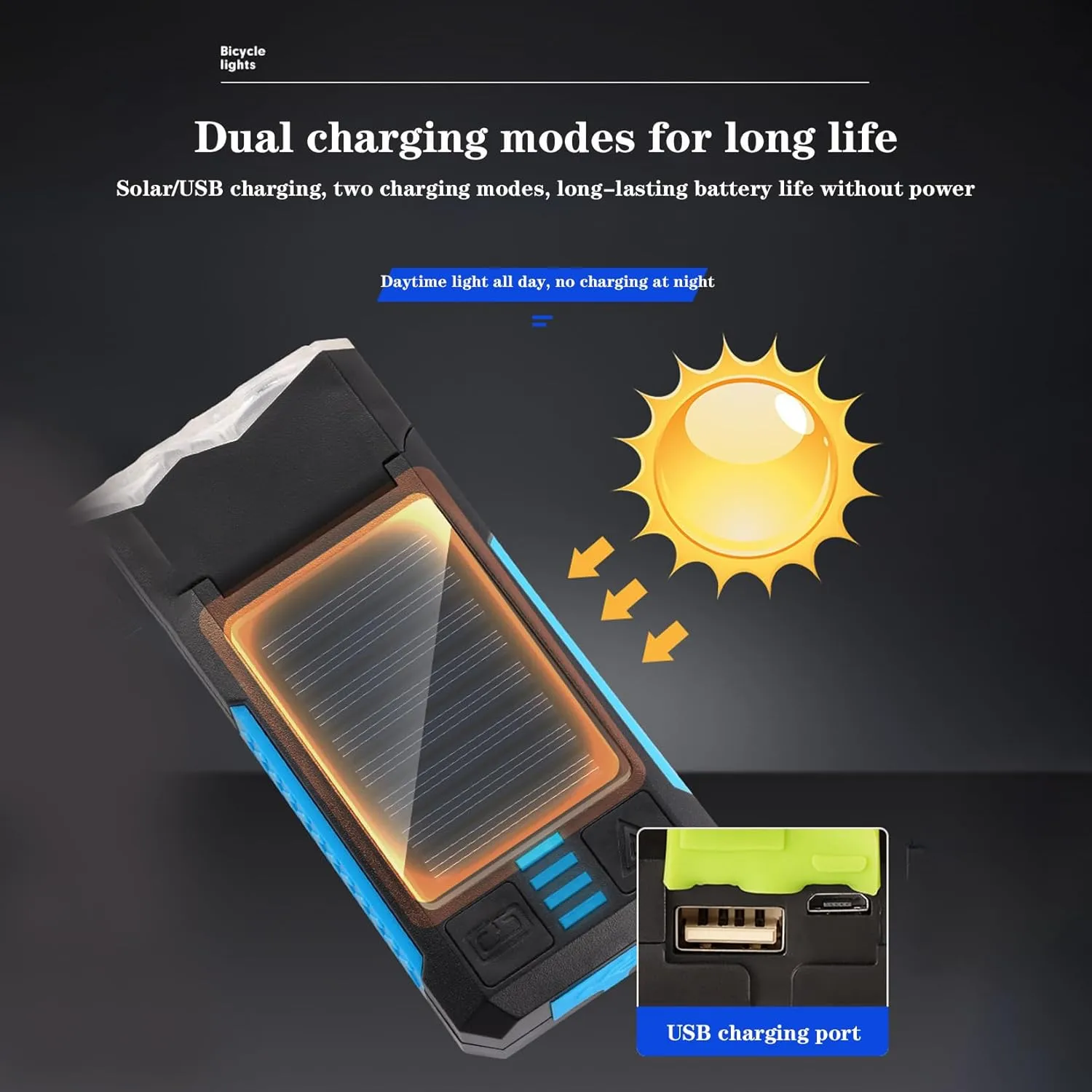 BNEI Bicycle Headlight   Horn, USB/Solar Dual Mode Charging, Three Light Modes, Power Display, 4000 mAh Large Battery, 12.2 * 5.5 * 2.6cm