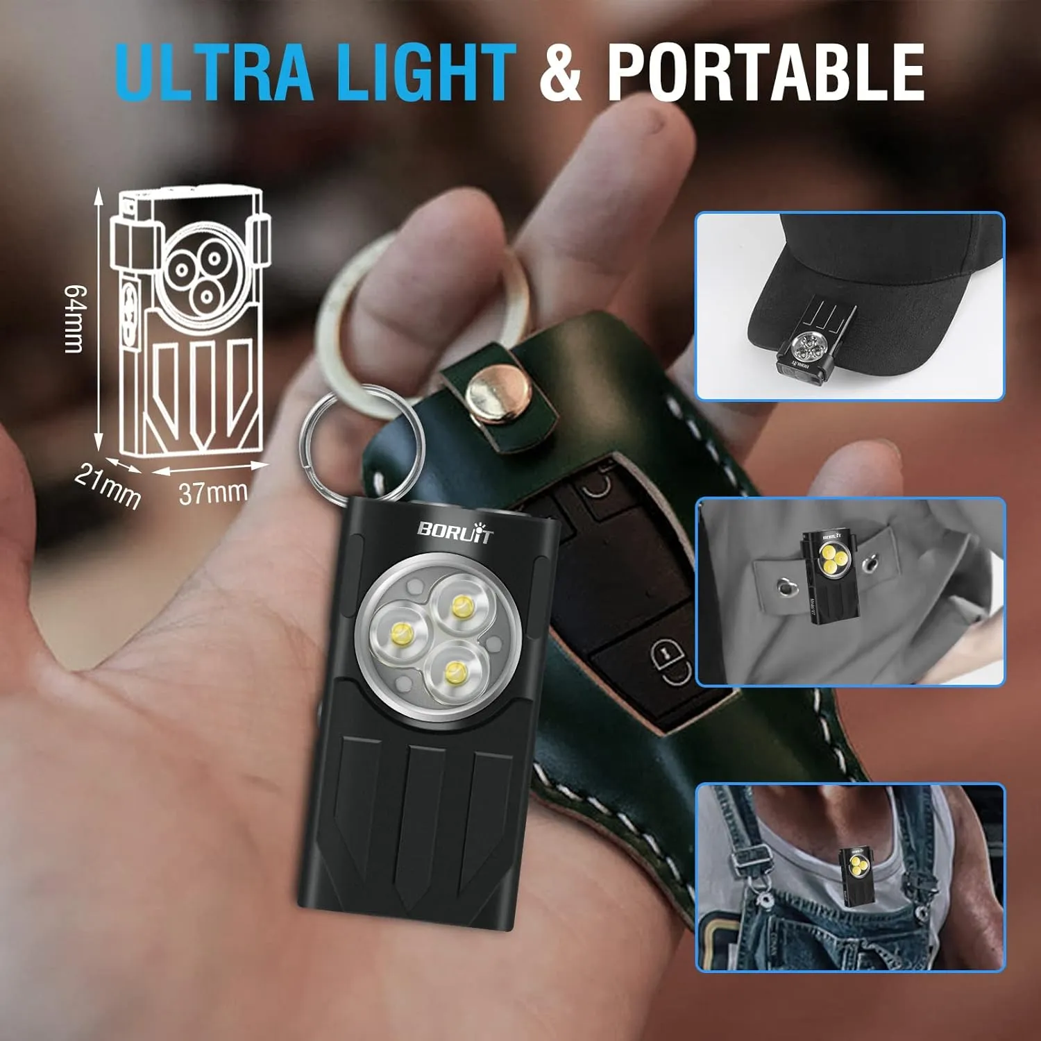BORUIT V7 LED Mini Flashlight High Lumens Small Powerful EDC Keychain Flash Light with Red UV Light,USB-C Rechargeable Pocket Flashlights with Clip,10 Modes,IPX5 Waterproof,Magnet(Black)