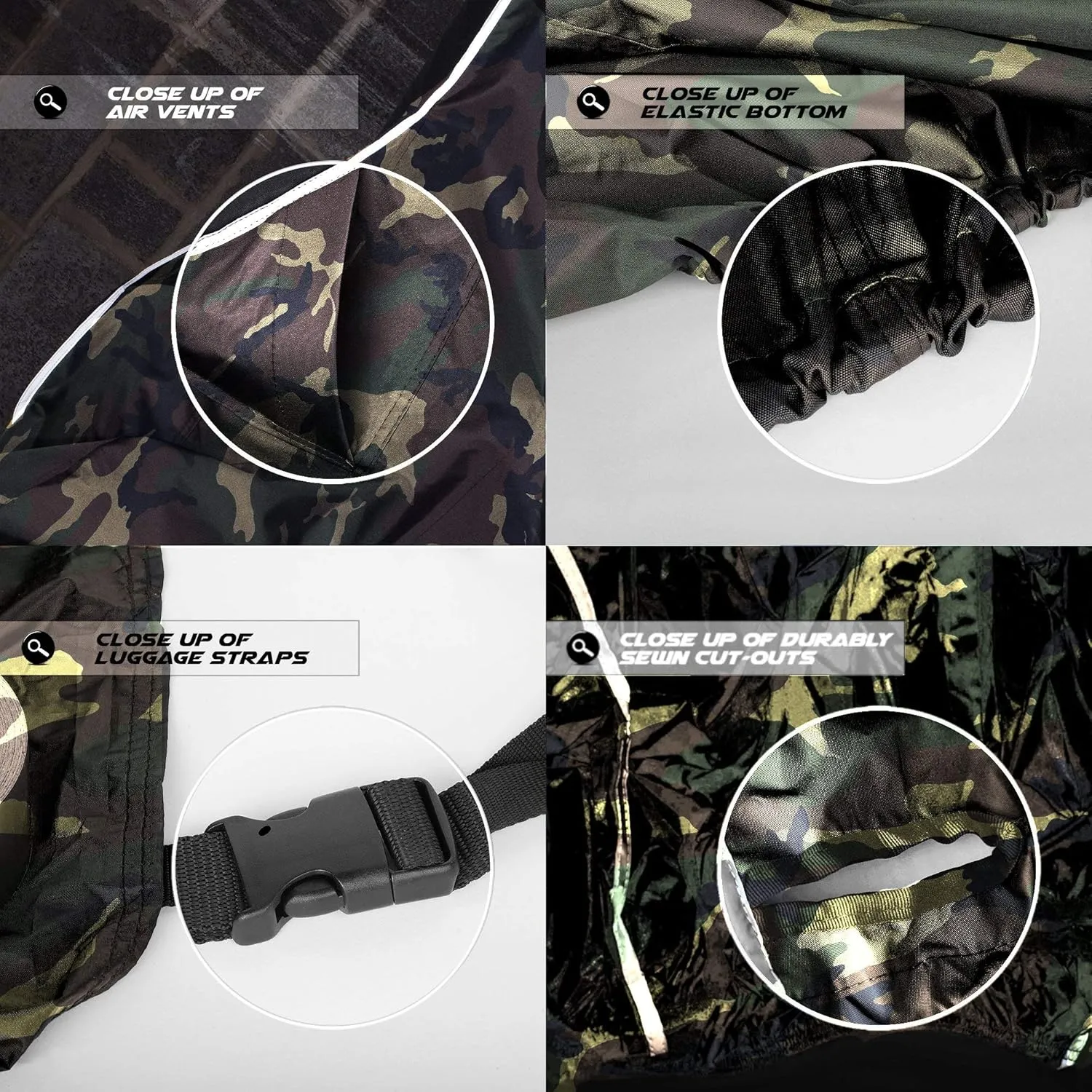 Breathable Motorcycle Cover W/Elastic Bottom. Premium Heavy Duty Outdoor Waterproof All Season Polyester W/Soft Screen Shield. Universal Heat Resistant Lockable Fabric (Camouflage, Medium)