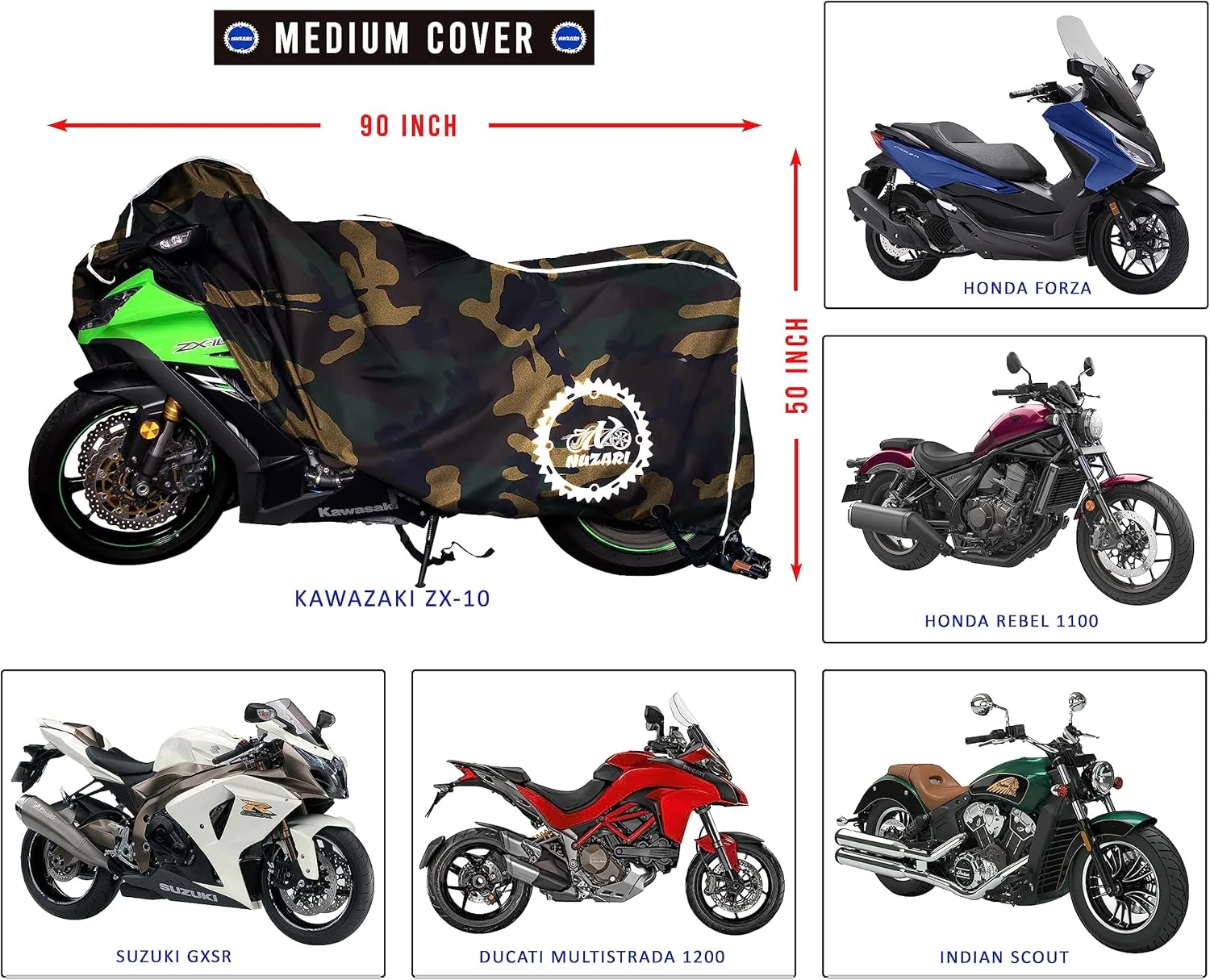 Breathable Motorcycle Cover W/Elastic Bottom. Premium Heavy Duty Outdoor Waterproof All Season Polyester W/Soft Screen Shield. Universal Heat Resistant Lockable Fabric (Camouflage, Medium)