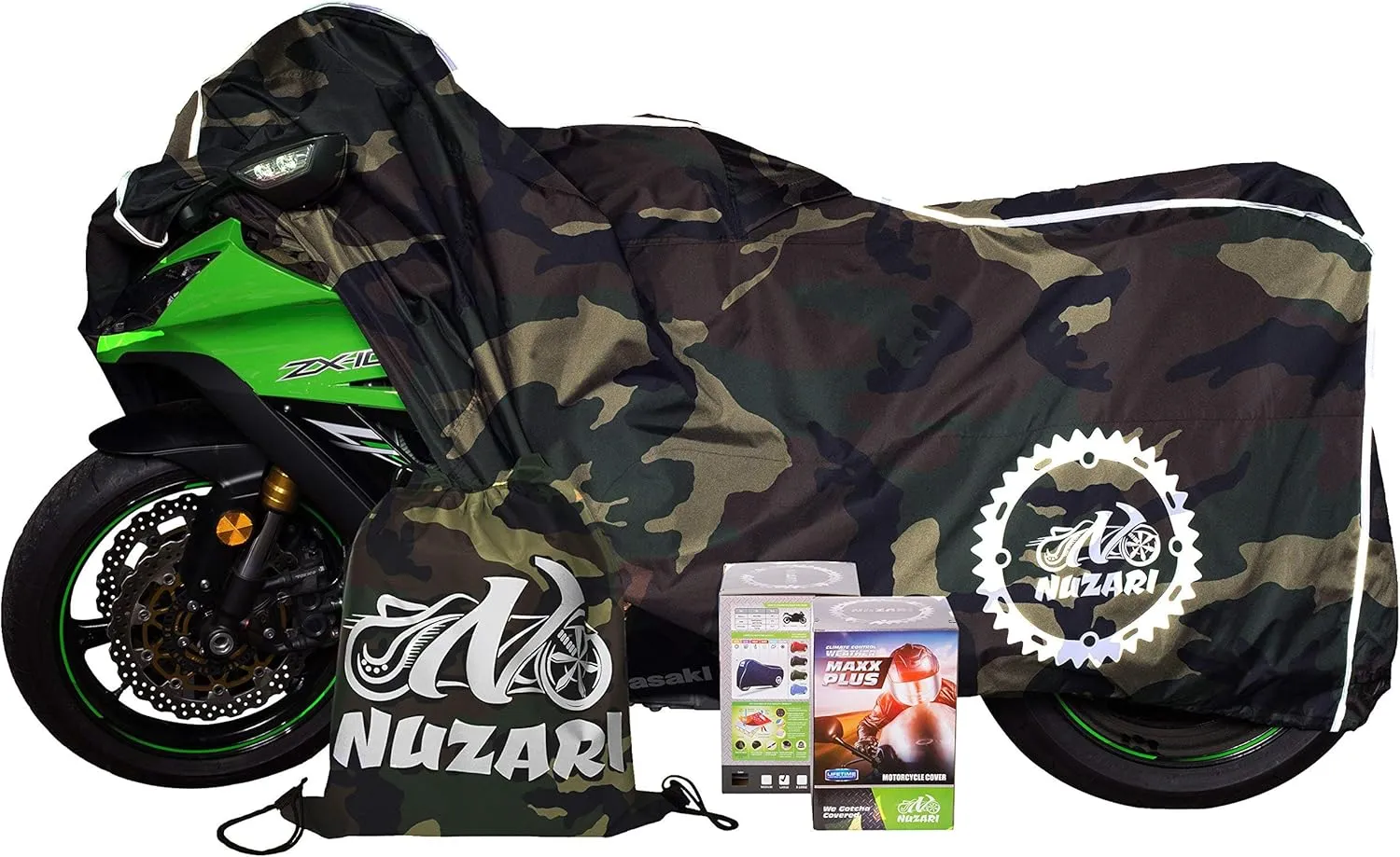 Breathable Motorcycle Cover W/Elastic Bottom. Premium Heavy Duty Outdoor Waterproof All Season Polyester W/Soft Screen Shield. Universal Heat Resistant Lockable Fabric (Camouflage, Medium)