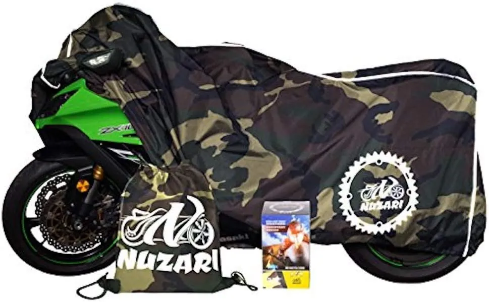 Breathable Motorcycle Cover W/Elastic Bottom. Premium Heavy Duty Outdoor Waterproof All Season Polyester W/Soft Screen Shield. Universal Heat Resistant Lockable Fabric (Camouflage, Medium)