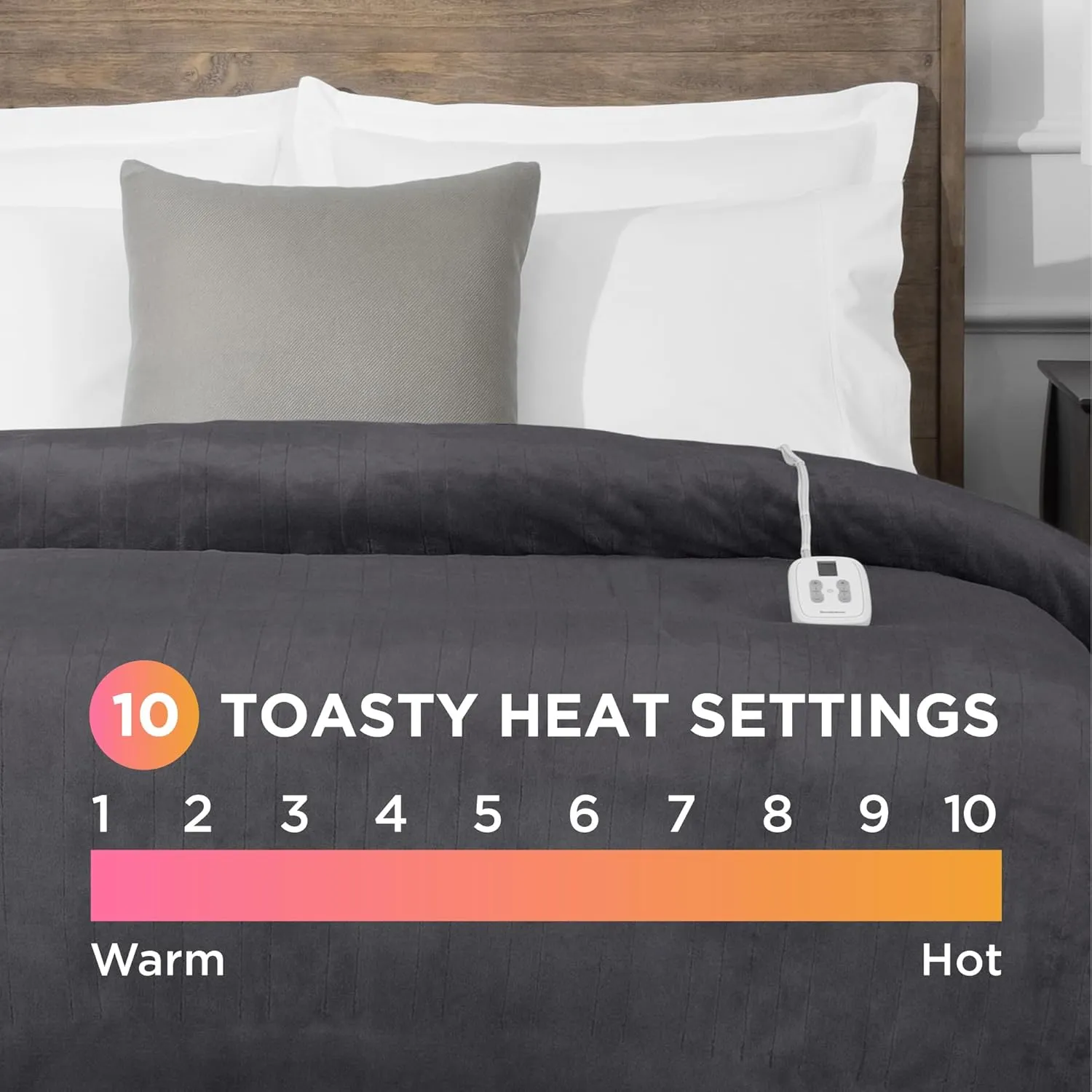 Brookstone Electric Heated Plush Blanket w/ 10 Heat Settings - Adjustable Timer, 12-Hour Auto Shut Off - Machine Washable & Dryer Safe - Polyester Velvet Blanket, Full Size 77in x 84in - Gray