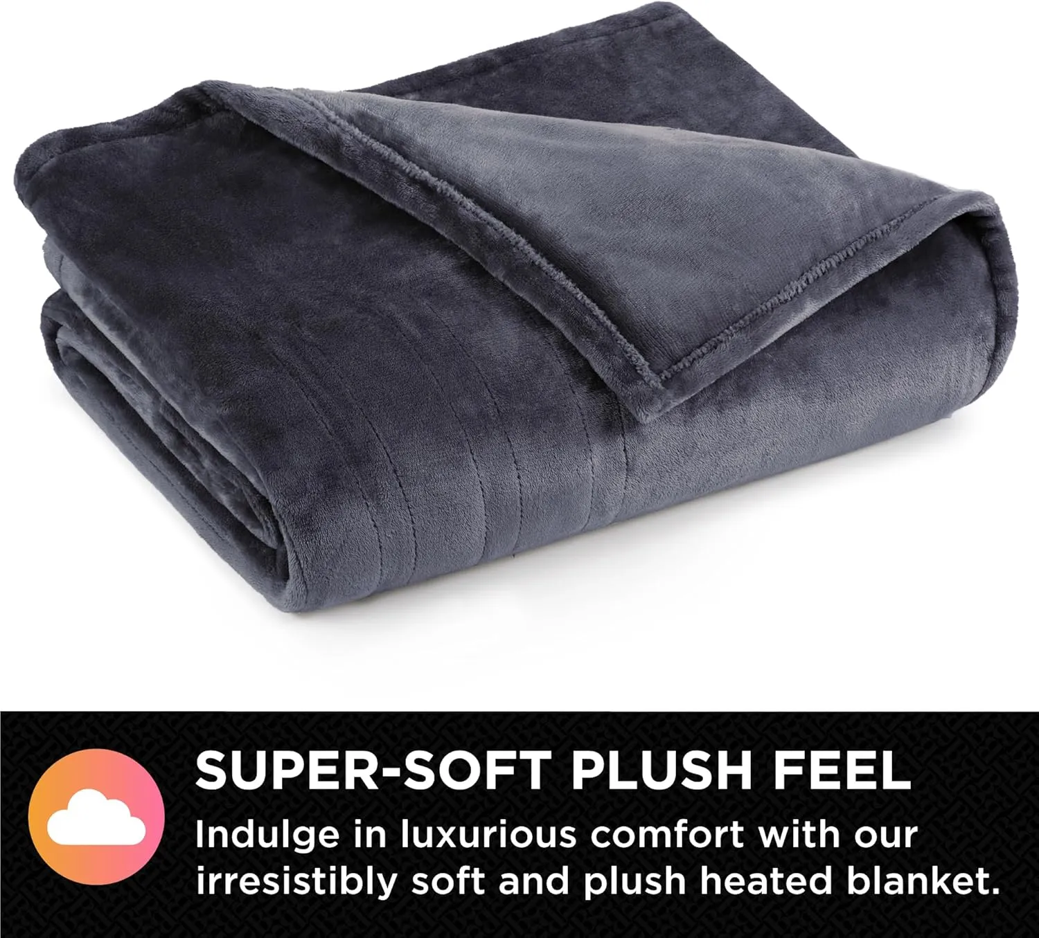 Brookstone Electric Heated Plush Blanket w/ 10 Heat Settings - Adjustable Timer, 12-Hour Auto Shut Off - Machine Washable & Dryer Safe - Polyester Velvet Blanket, Full Size 77in x 84in - Gray