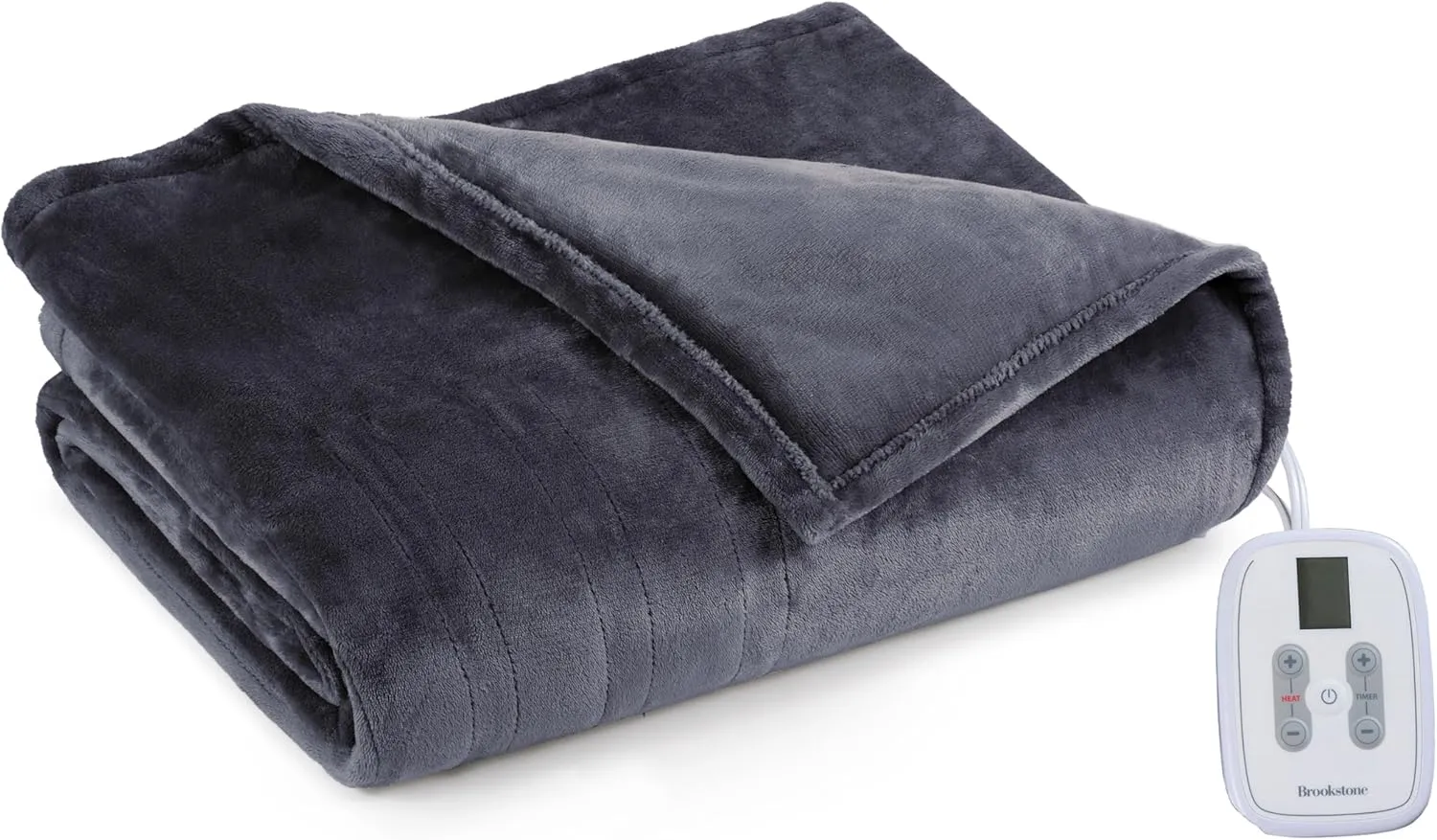 Brookstone Electric Heated Plush Blanket w/ 10 Heat Settings - Adjustable Timer, 12-Hour Auto Shut Off - Machine Washable & Dryer Safe - Polyester Velvet Blanket, Full Size 77in x 84in - Gray