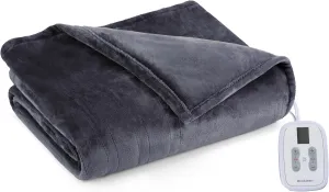 Brookstone Electric Heated Plush Blanket w/ 10 Heat Settings - Adjustable Timer, 12-Hour Auto Shut Off - Machine Washable & Dryer Safe - Polyester Velvet Blanket, Full Size 77in x 84in - Gray