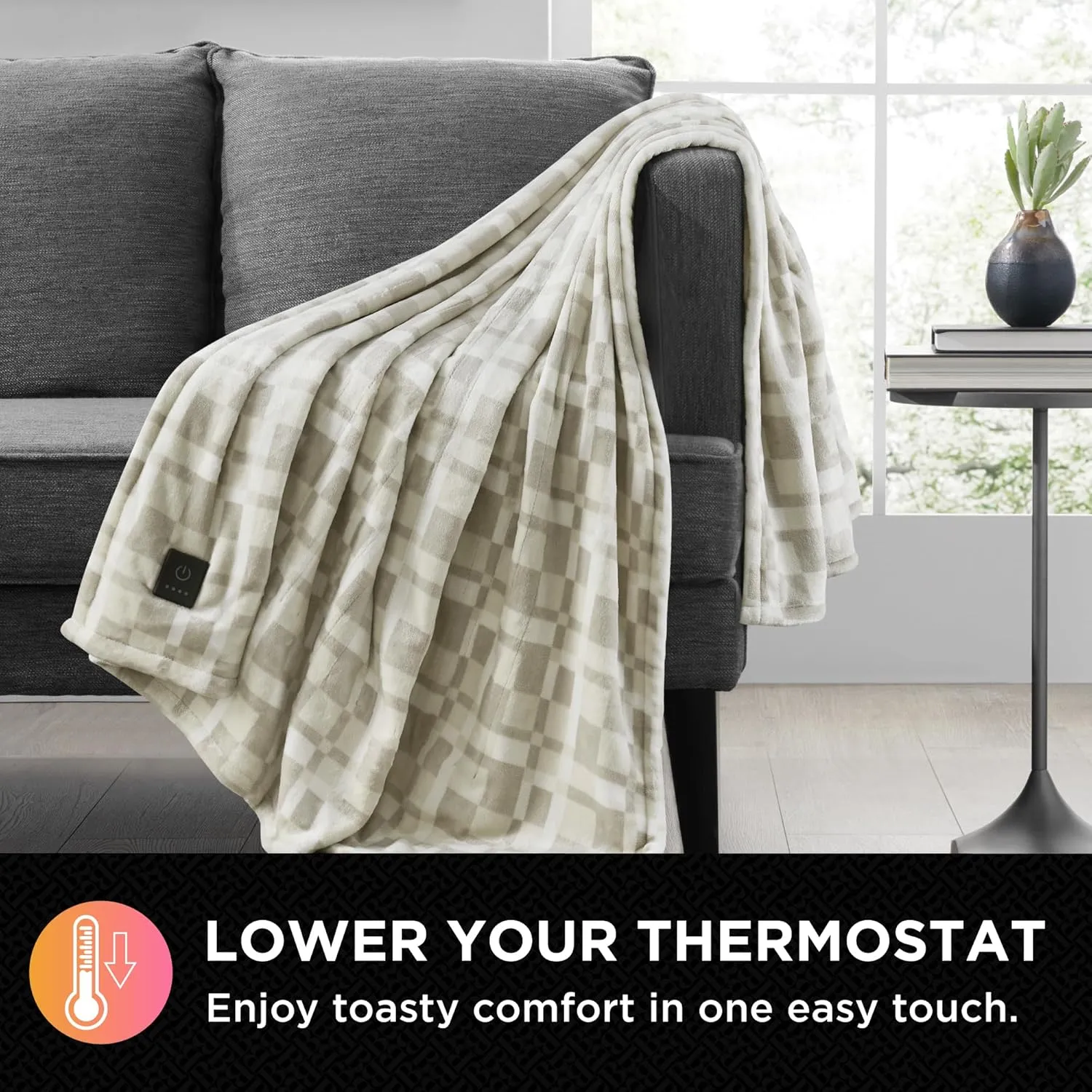 Brookstone Heated Throw Blanket - Heat Blankets Electric - Faux Fur Heated Throw Blanket- 4 Heat Settings, 4-Hour Auto Shut Off, 100% Polyester, 50"x60" - Chic Plaid