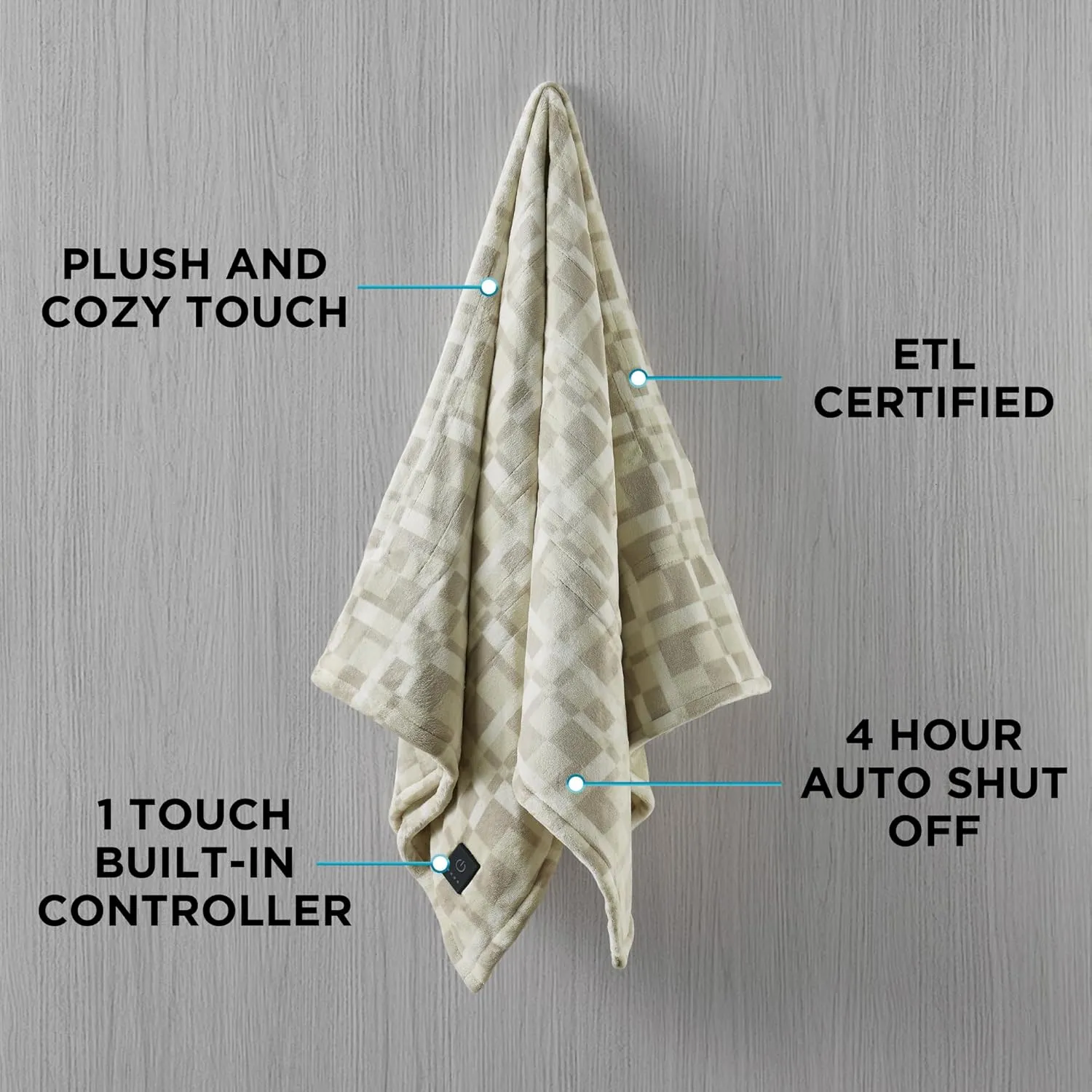 Brookstone Heated Throw Blanket - Heat Blankets Electric - Faux Fur Heated Throw Blanket- 4 Heat Settings, 4-Hour Auto Shut Off, 100% Polyester, 50"x60" - Chic Plaid