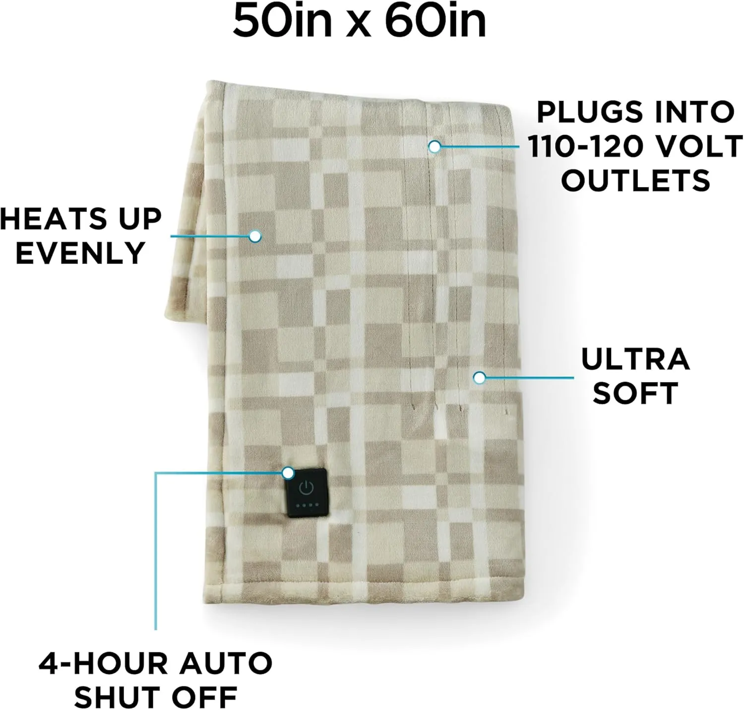 Brookstone Heated Throw Blanket - Heat Blankets Electric - Faux Fur Heated Throw Blanket- 4 Heat Settings, 4-Hour Auto Shut Off, 100% Polyester, 50"x60" - Chic Plaid