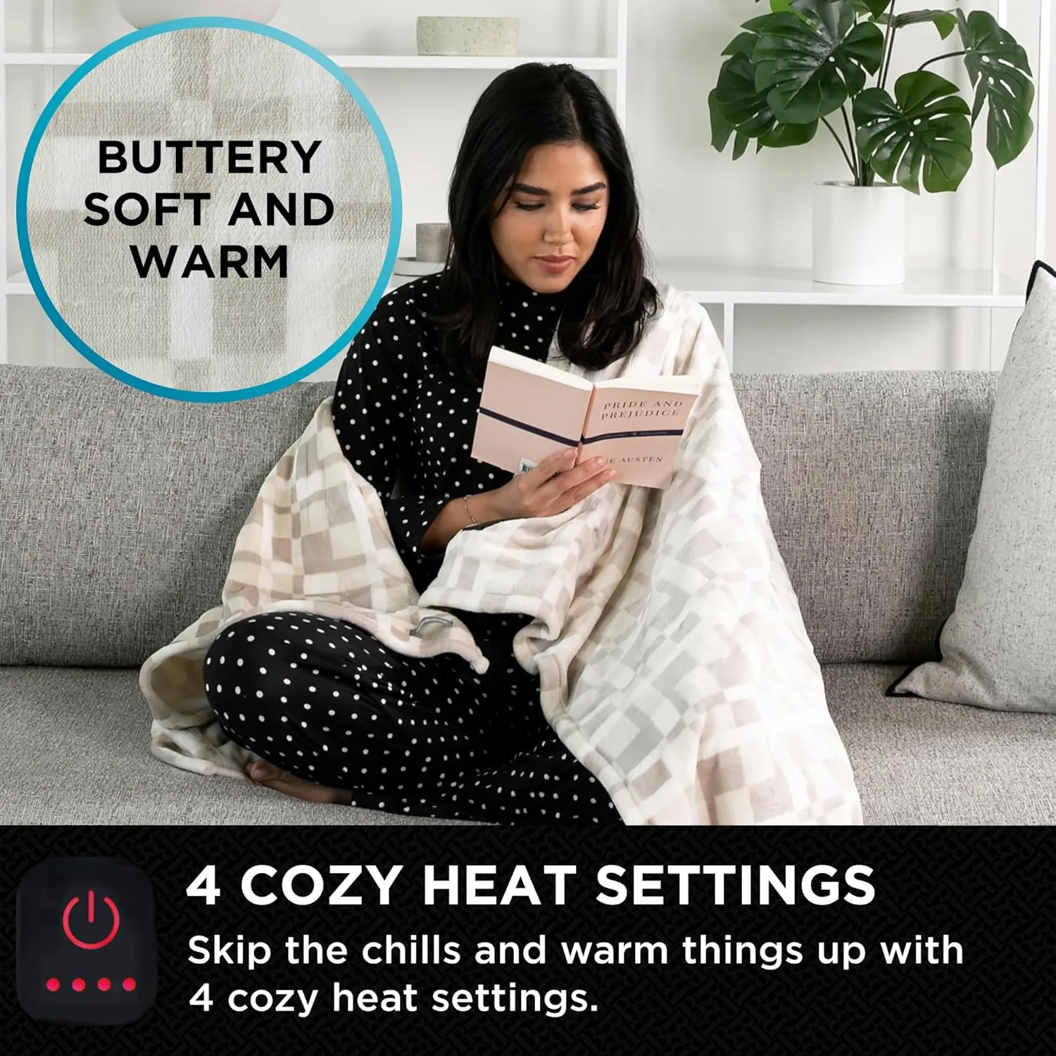 Brookstone Heated Throw Blanket - Heat Blankets Electric - Faux Fur Heated Throw Blanket- 4 Heat Settings, 4-Hour Auto Shut Off, 100% Polyester, 50"x60" - Chic Plaid