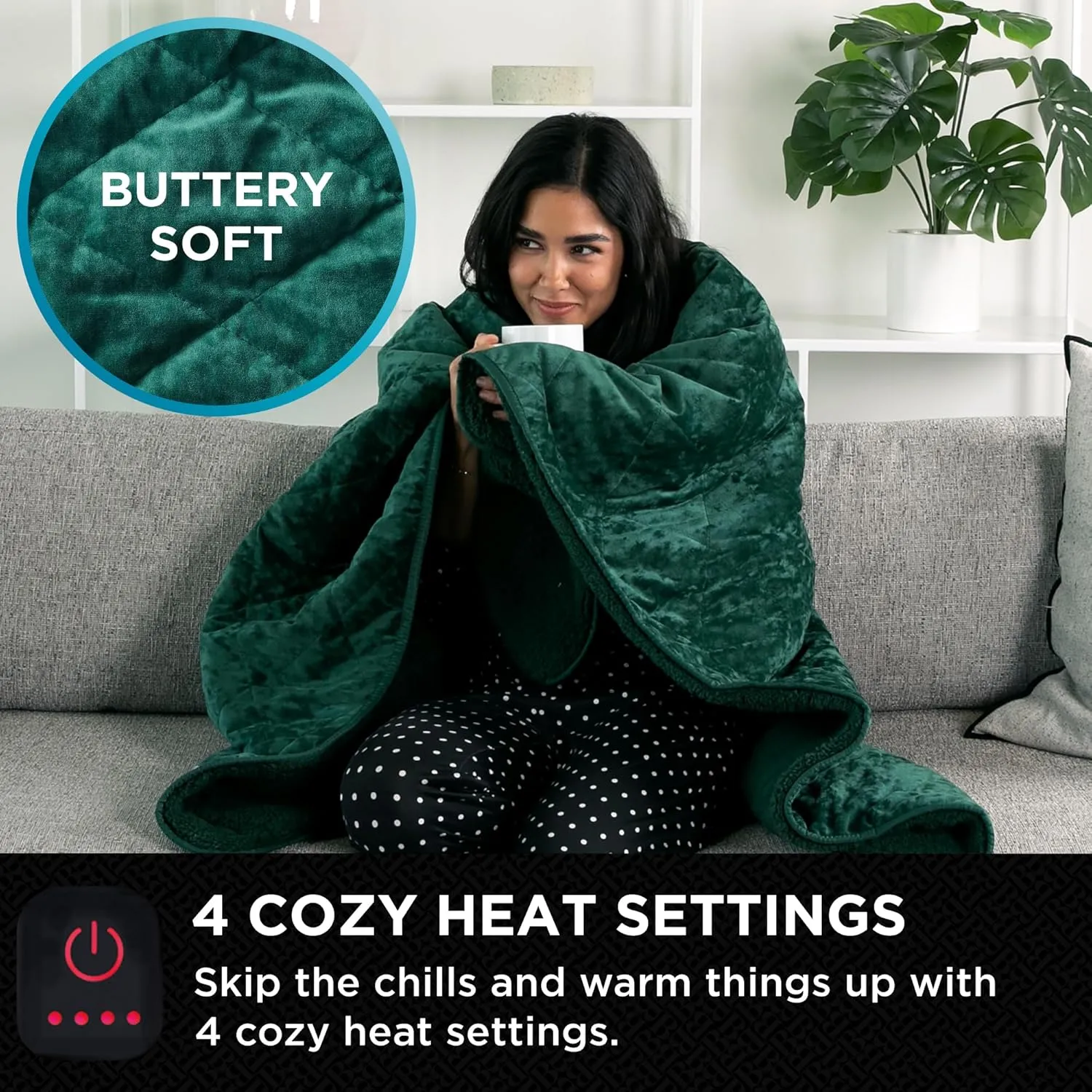 Brookstone Heated Throw Blanket - Heat Blankets Electric - Faux Fur Heated Throw Blanket- 4 Heat Settings, 4-Hour Auto Shut Off, 100% Polyester, 50"x60" - Green