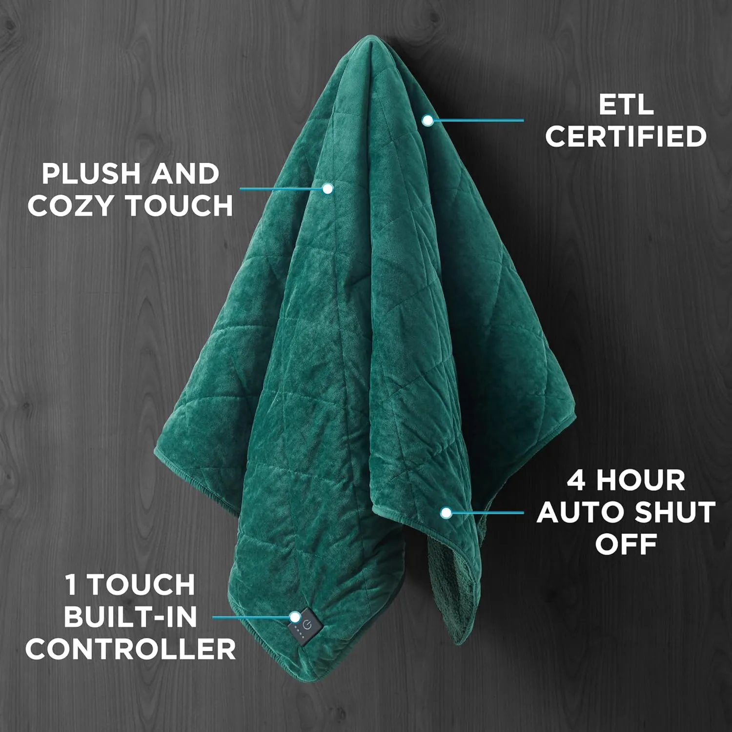 Brookstone Heated Throw Blanket - Heat Blankets Electric - Faux Fur Heated Throw Blanket- 4 Heat Settings, 4-Hour Auto Shut Off, 100% Polyester, 50"x60" - Green