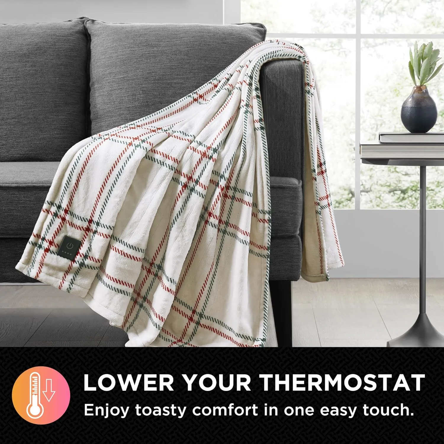 Brookstone Heated Throw Blanket - Heat Blankets Electric - Faux Fur Heated Throw Blanket- 4 Heat Settings, 4-Hour Auto Shut Off, 100% Polyester, 50"x60" - Holiday Ivory Windowpane