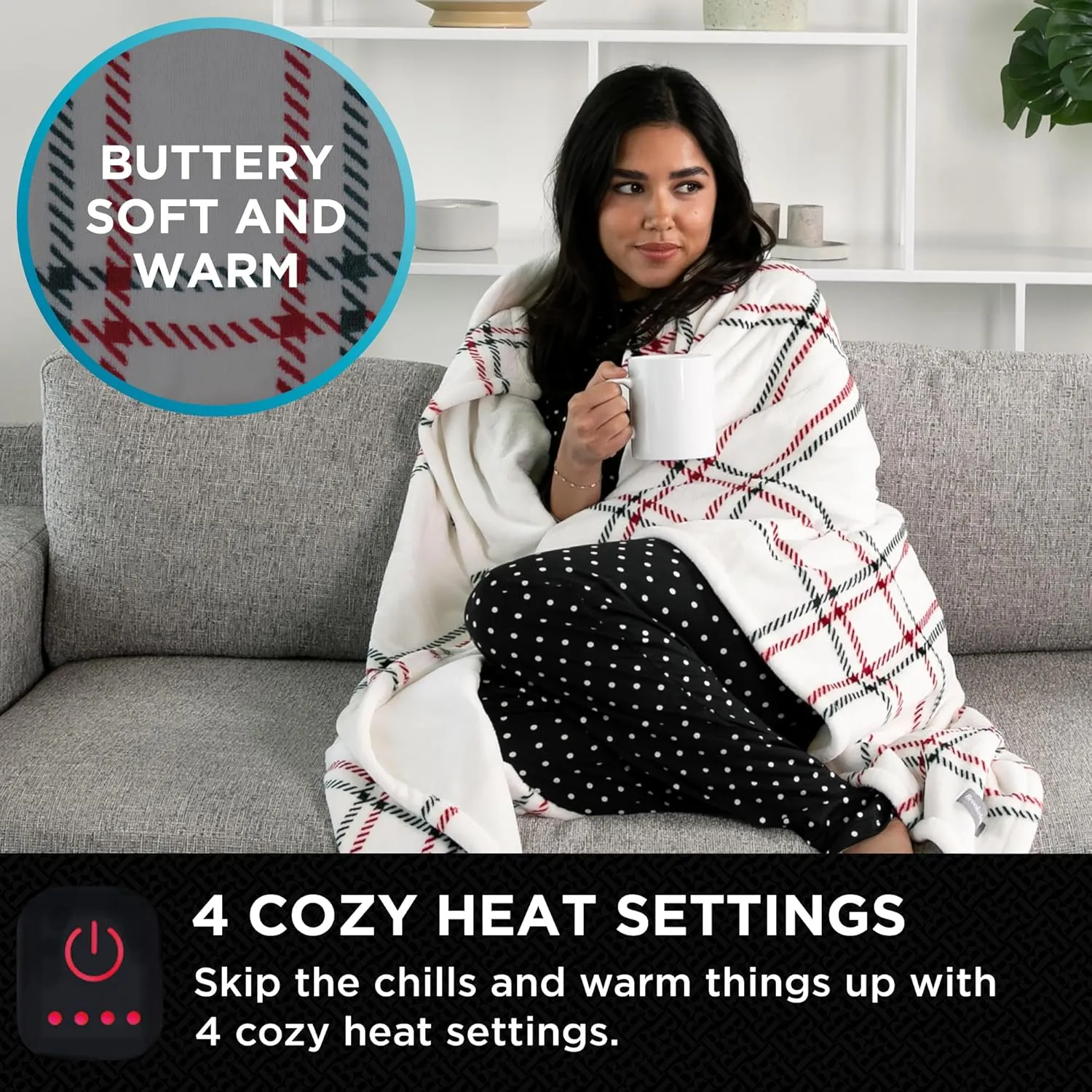 Brookstone Heated Throw Blanket - Heat Blankets Electric - Faux Fur Heated Throw Blanket- 4 Heat Settings, 4-Hour Auto Shut Off, 100% Polyester, 50"x60" - Holiday Ivory Windowpane