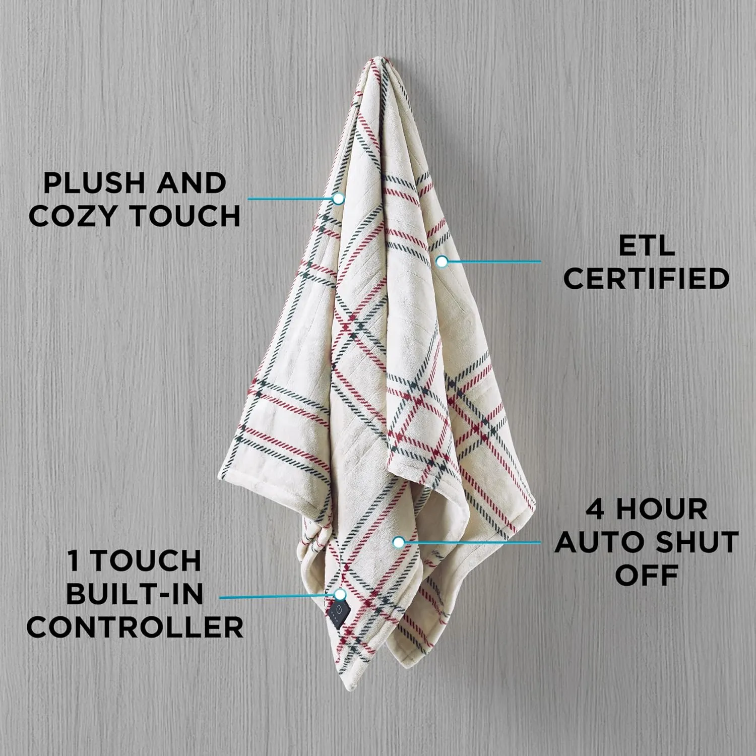 Brookstone Heated Throw Blanket - Heat Blankets Electric - Faux Fur Heated Throw Blanket- 4 Heat Settings, 4-Hour Auto Shut Off, 100% Polyester, 50"x60" - Holiday Ivory Windowpane