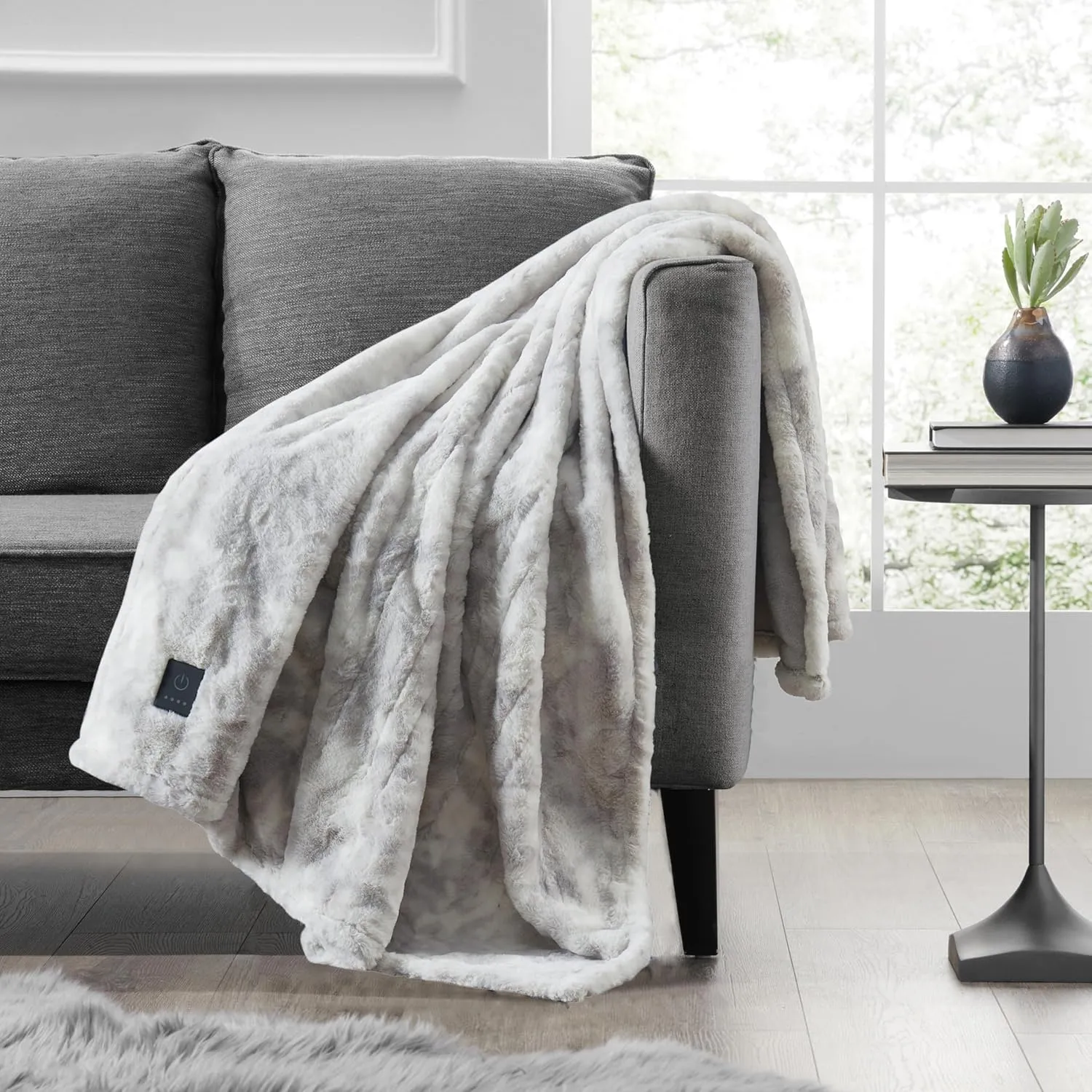 Brookstone Heated Throw Blanket - Heat Blankets Electric - Faux Fur Heated Throw Blanket- 4 Heat Settings, 4-Hour Auto Shut Off, 100% Polyester, 50"x60" - Ivory Marble