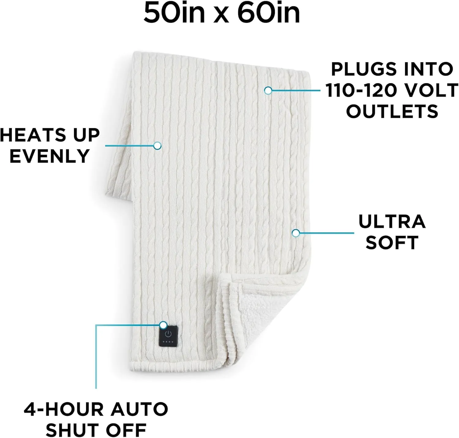 Brookstone Heated Throw Blanket - Heat Blankets Electric - Faux Fur Heated Throw Blanket- 4 Heat Settings, 4-Hour Auto Shut Off, 100% Polyester, 50"x60" - Knit Ivory