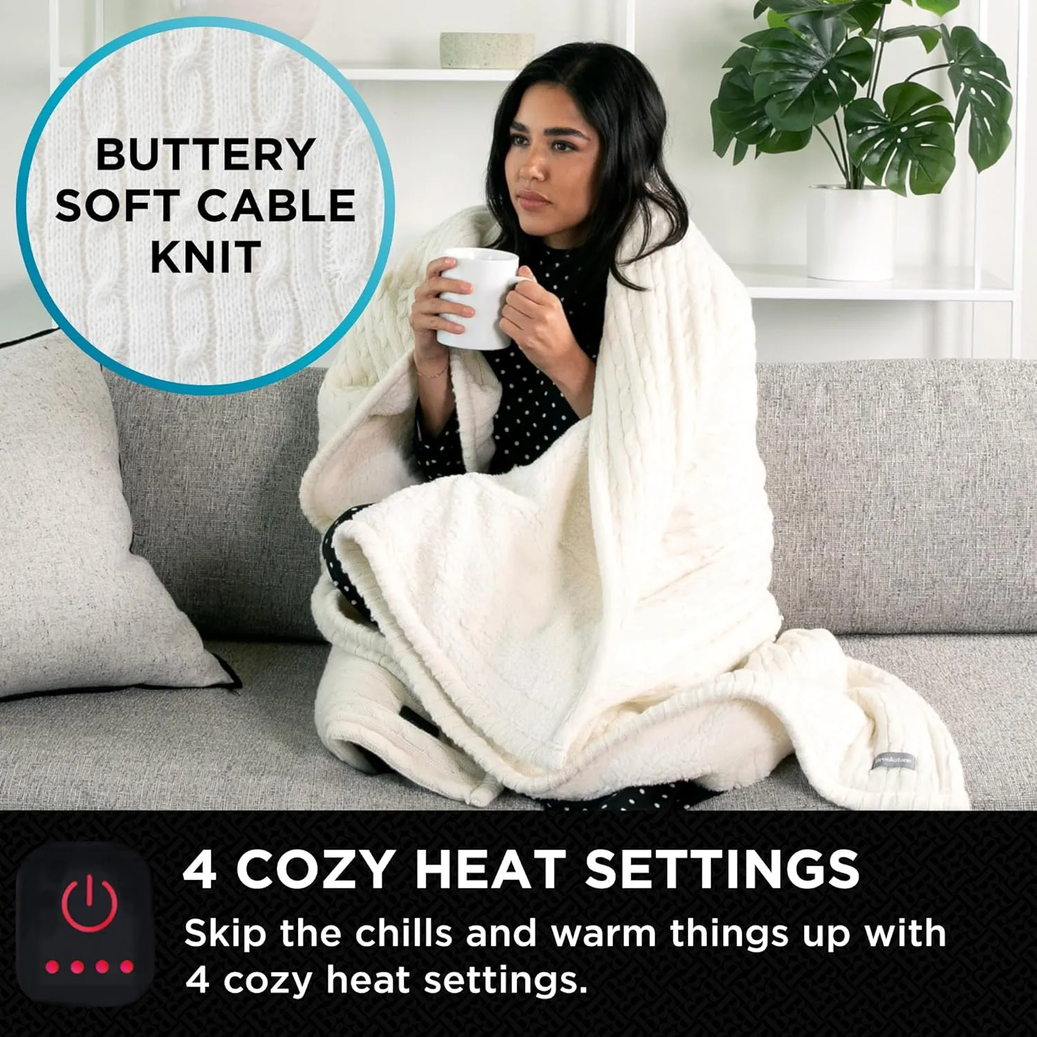 Brookstone Heated Throw Blanket - Heat Blankets Electric - Faux Fur Heated Throw Blanket- 4 Heat Settings, 4-Hour Auto Shut Off, 100% Polyester, 50"x60" - Knit Ivory