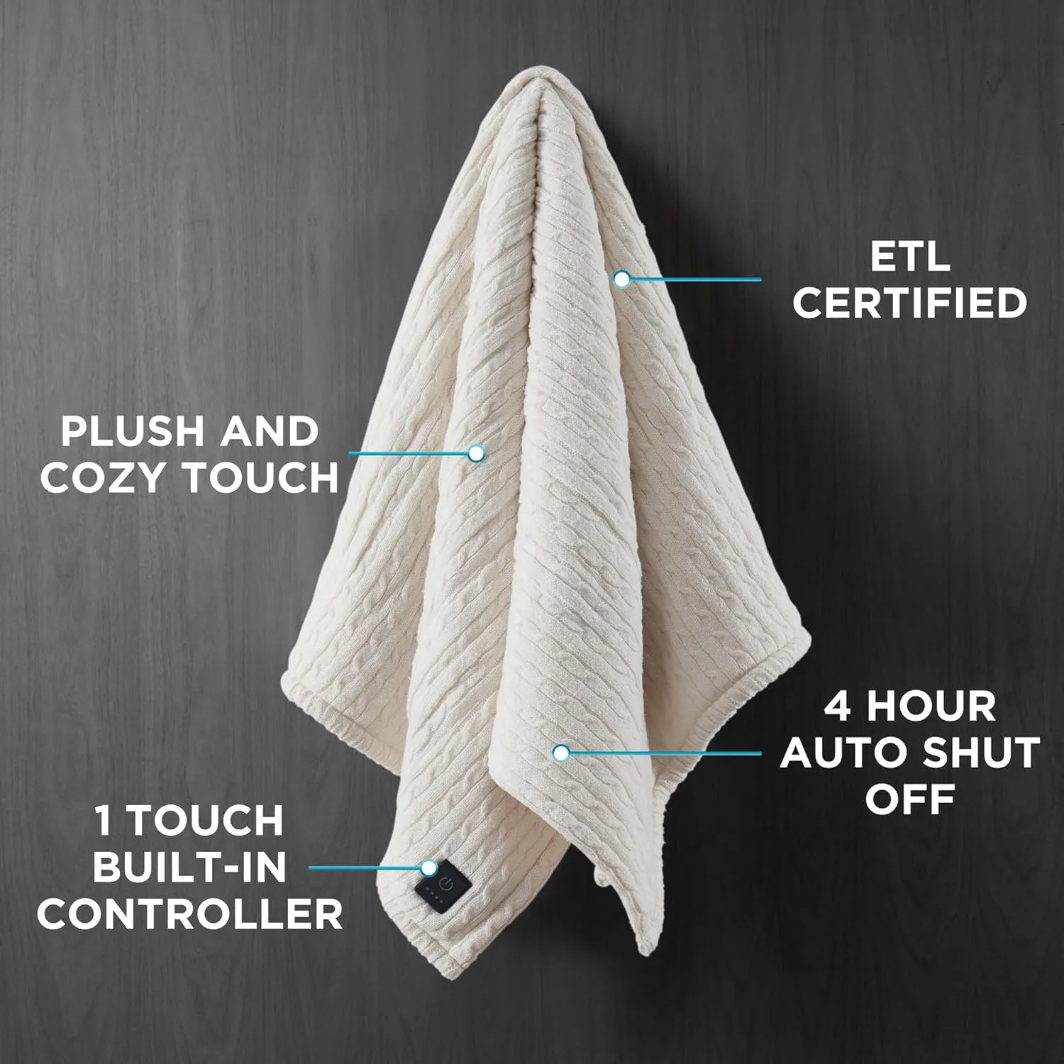 Brookstone Heated Throw Blanket - Heat Blankets Electric - Faux Fur Heated Throw Blanket- 4 Heat Settings, 4-Hour Auto Shut Off, 100% Polyester, 50"x60" - Knit Ivory