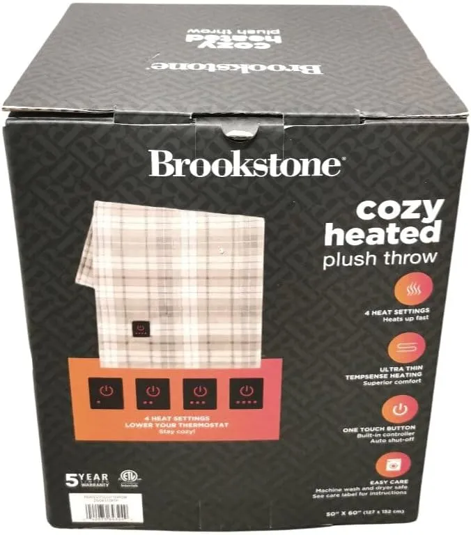 Brookstone Heated Throw Blanket - Heat Blankets Electric - Faux Fur Heated Throw Blanket- 4 Heat Settings, 4-Hour Auto Shut Off, 100% Polyester, 50"x60" - Oatmeal Plaid