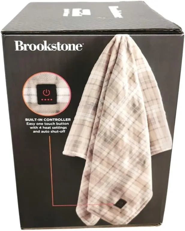 Brookstone Heated Throw Blanket - Heat Blankets Electric - Faux Fur Heated Throw Blanket- 4 Heat Settings, 4-Hour Auto Shut Off, 100% Polyester, 50"x60" - Oatmeal Plaid