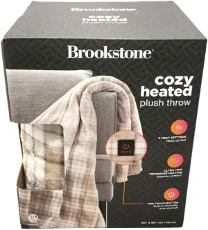 Brookstone Heated Throw Blanket - Heat Blankets Electric - Faux Fur Heated Throw Blanket- 4 Heat Settings, 4-Hour Auto Shut Off, 100% Polyester, 50"x60" - Oatmeal Plaid