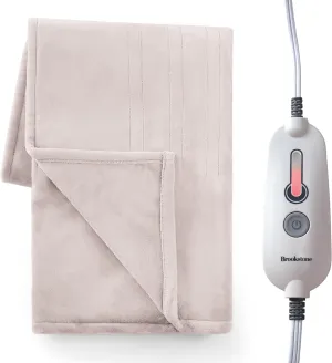 Brookstone Oversized Electric Heated Throw - Heated Blankets - 4 Heat Settings, 4-Hour Auto Shut Off, 100% Polyester, 50"x60" - Taupe
