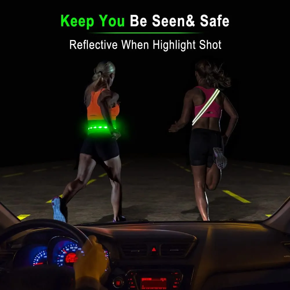 BSEEN LED Running Waist Belt - USB Rechargeable Reflective Glowing LED Waistband, Flashing Safety Light Belt for Runners, Joggers, Walkers, Pet Owners, Cyclists