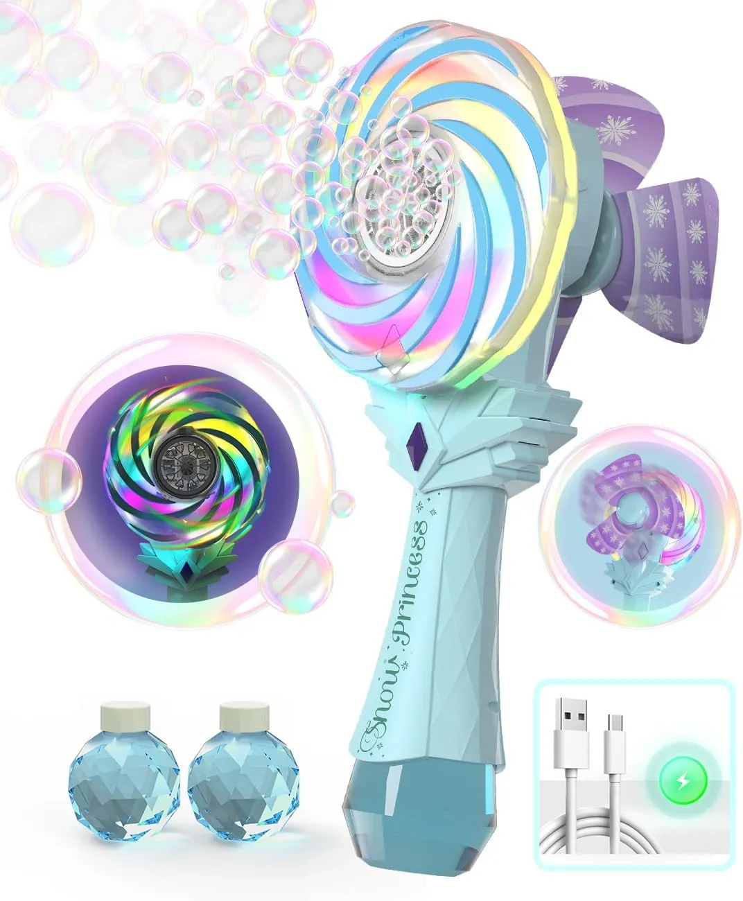 Bubble Wand - Rechargeable Bubble Machine for Kids with Color-Changing Lights & Windmill Lollipop Design - Gifts Toys Ages 3  for Boys Girls Easter Outdoor Birthday Party Use