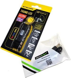 Bundle: Nitecore THUMB LEO 45 lumen LED/UV USB rechargeable tilt head worklight (White/Red) and EdisonBright brand USB charging cable
