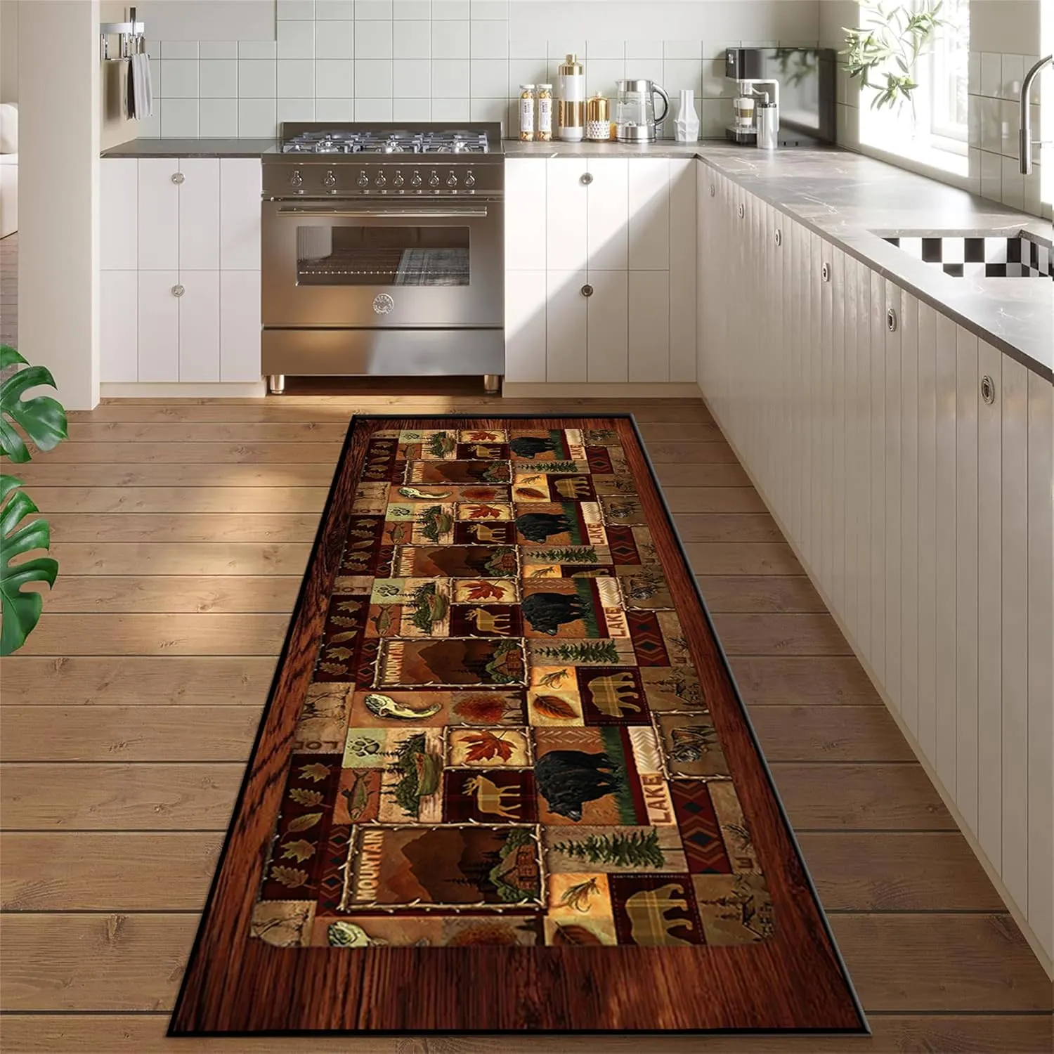 Cabin Collection Runner Rug Retro Southwestern Nature Landscape and Wildlifes Long Rugs Geometric Stitching Carpets Bordered by Wooden Barn for Hallway Yoga Room Laundry Entrance, 2x6ft