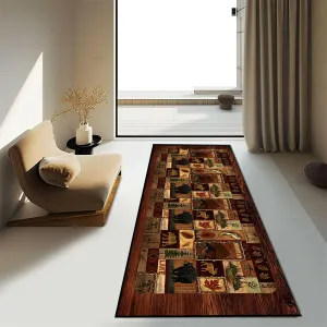 Cabin Collection Runner Rug Retro Southwestern Nature Landscape and Wildlifes Long Rugs Geometric Stitching Carpets Bordered by Wooden Barn for Hallway Yoga Room Laundry Entrance, 2x6ft