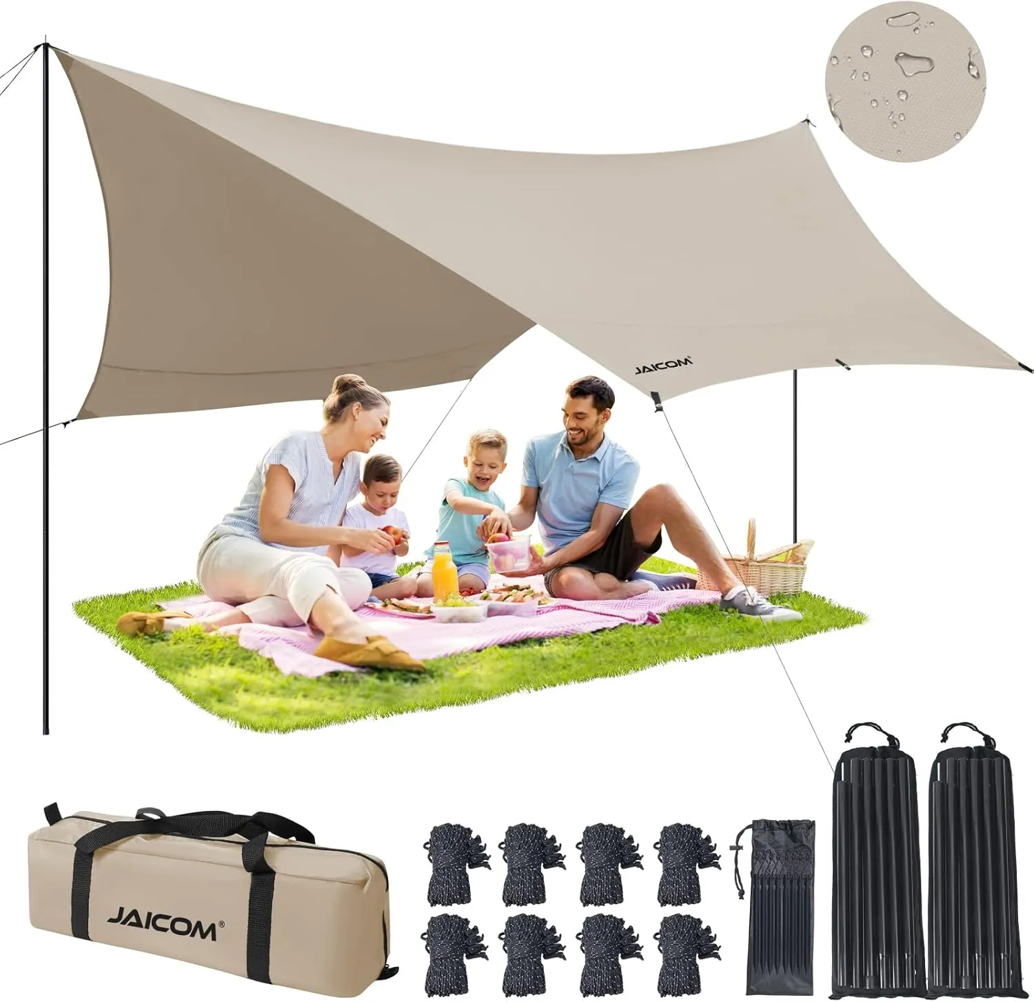 Camping Tarp, 14 X 12FT Tarp with 2 Poles, Waterproof & Lightweight Tent Tarp Car Awning, UV UPF50  Rain Fly Sun Shelter Can Used with Hammock in Outdoor, Garden and Backpacking