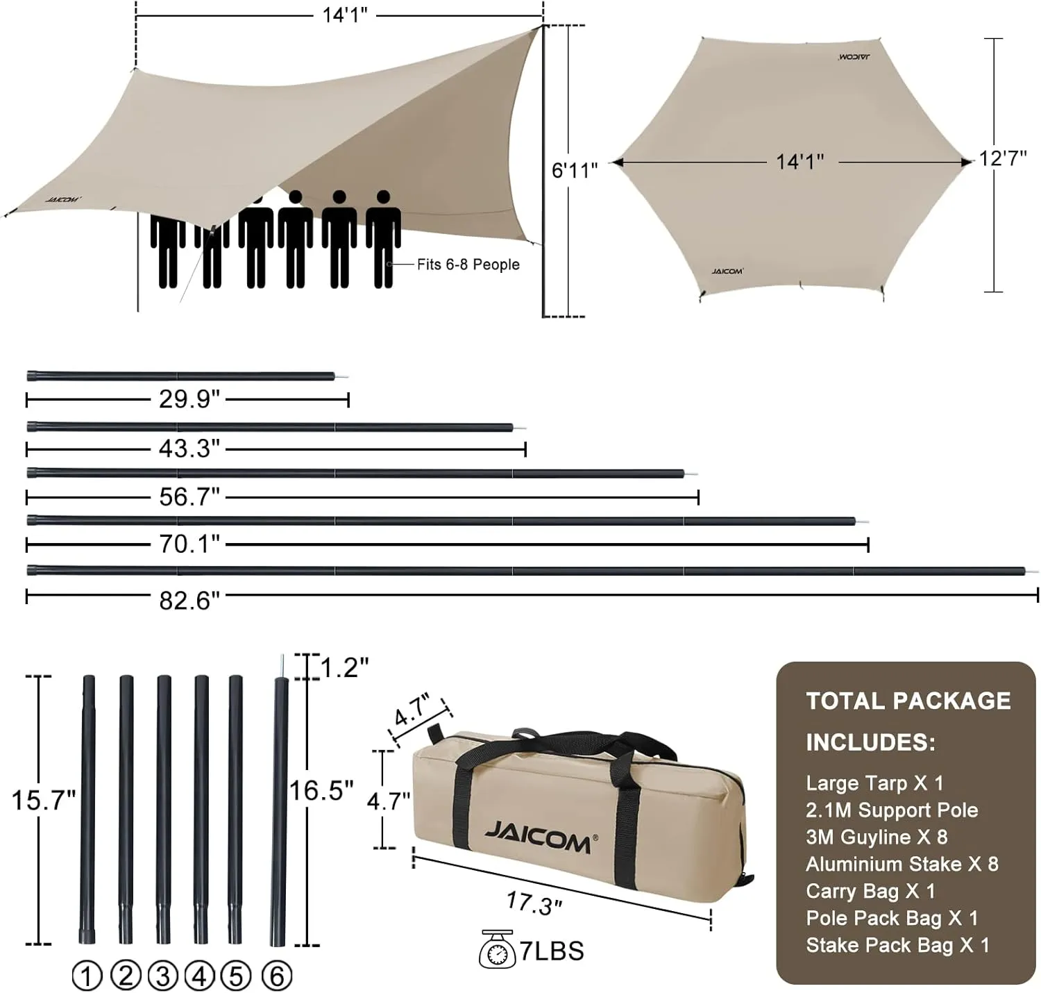 Camping Tarp, 14 X 12FT Tarp with 2 Poles, Waterproof & Lightweight Tent Tarp Car Awning, UV UPF50  Rain Fly Sun Shelter Can Used with Hammock in Outdoor, Garden and Backpacking