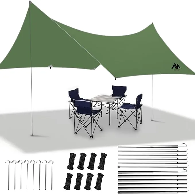 Camping Tarp with Poles - AYAMAYA Large Size 10x15 FT Tent Tarps - Waterproof Hammock Awnings Canopy Rain Fly Picnic Mat Survival Shelter for Backpacking Hiking Beach Sun Shade with Stakes & Guylines