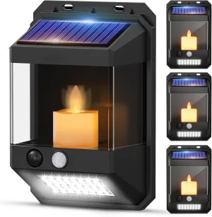 Candlelight Flickering Solar Wall Lights Outdoor Motion Lights, Dual-Mode Fence Lights Solar Powered Waterproof, LED Outdoor Wall Lights for House, Gate, Deck, 4Pack [Upgraded]