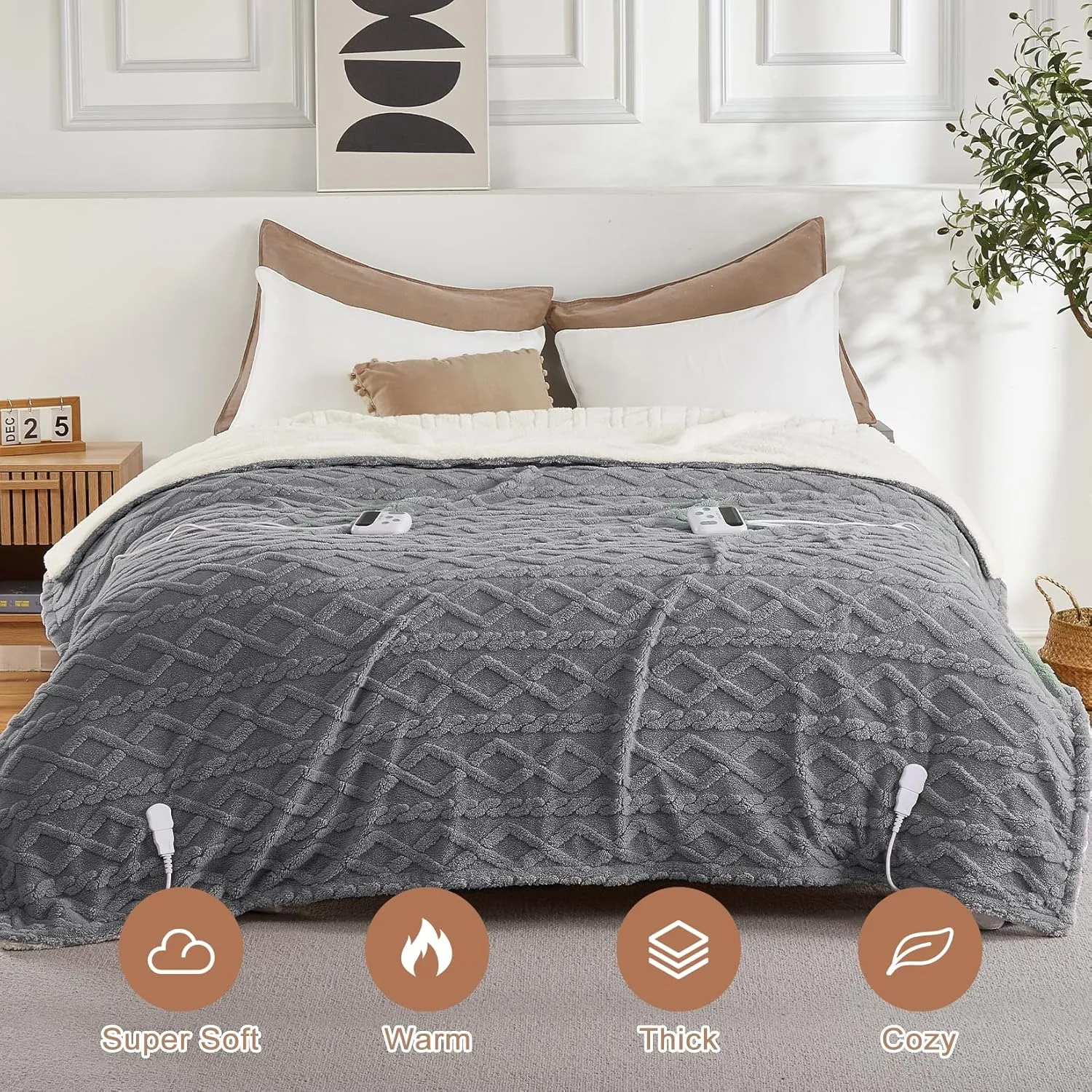 CAROMIO Electric Blanket Queen Size Dual Control - Thick Tufted Sherpa Heated Blanket Queen with 10 Heating Levels and 10 Time Settings, ETL Certified Fast Heating Blanket Queen Size 84"×90", Grey