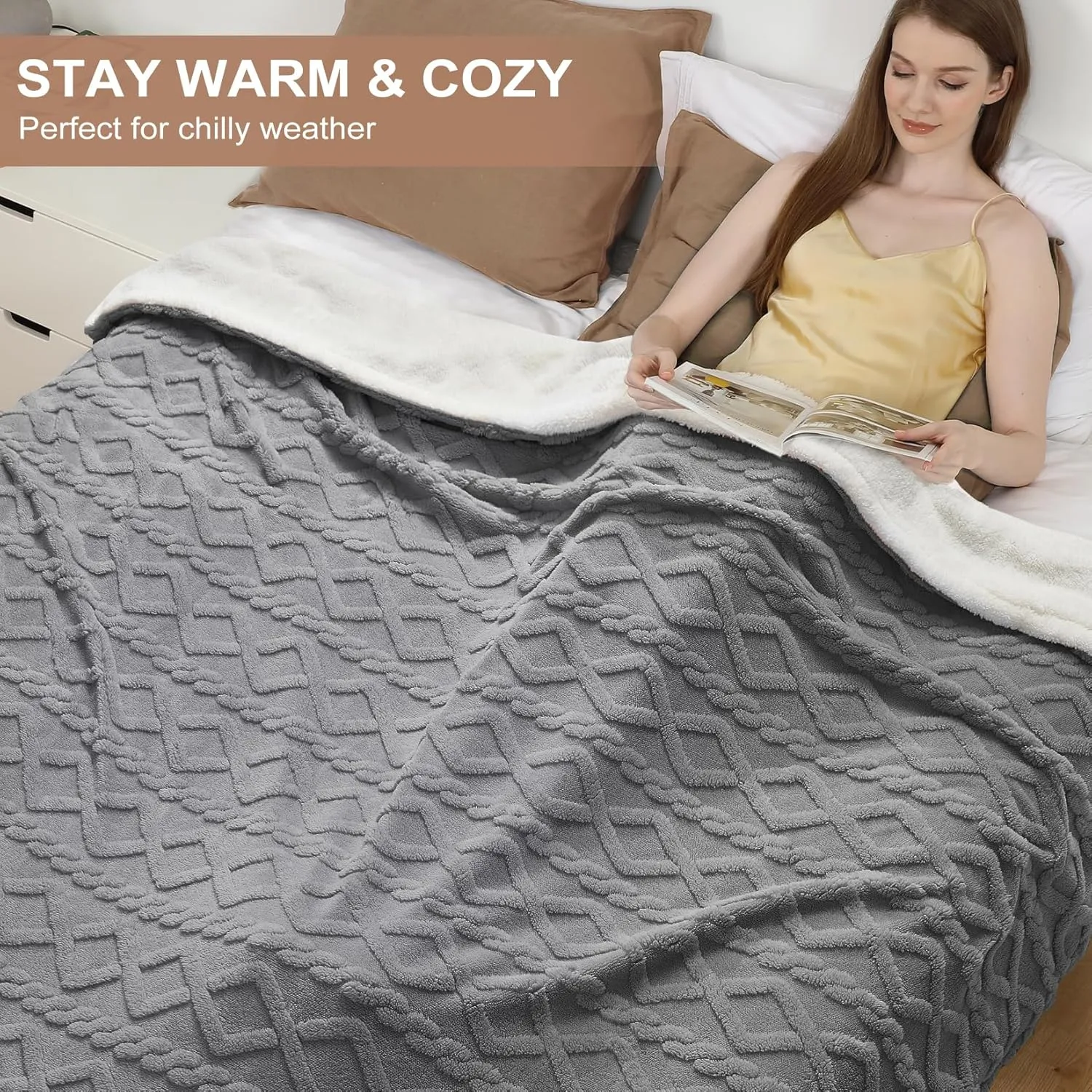 CAROMIO Electric Blanket Queen Size Dual Control - Thick Tufted Sherpa Heated Blanket Queen with 10 Heating Levels and 10 Time Settings, ETL Certified Fast Heating Blanket Queen Size 84"×90", Grey