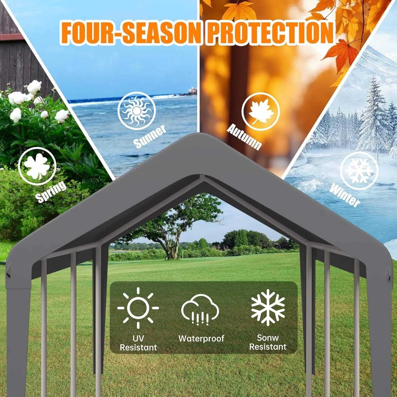 Carport Canopy 10'x20' Heavy Duty Replacement Cover, Garage Shelter Cover 800D Oxford Waterproof & UV Protected Tarp with Ball Bungees, Not Include Frame, Gray