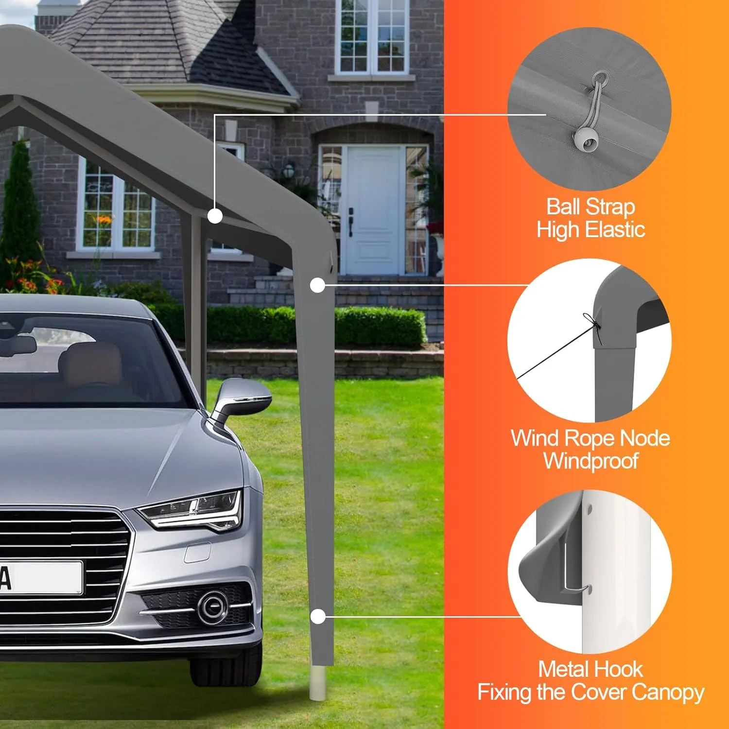 Carport Canopy 10'x20' Heavy Duty Replacement Cover, Garage Shelter Cover 800D Oxford Waterproof & UV Protected Tarp with Ball Bungees, Not Include Frame, Gray