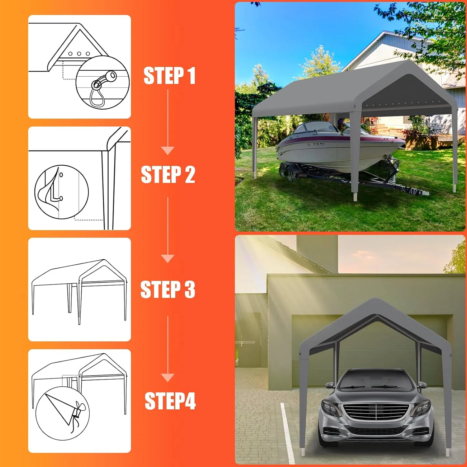 Carport Canopy 10'x20' Heavy Duty Replacement Cover, Garage Shelter Cover 800D Oxford Waterproof & UV Protected Tarp with Ball Bungees, Not Include Frame, Gray