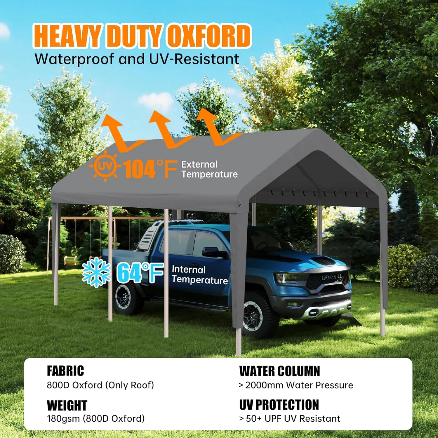 Carport Canopy 10'x20' Heavy Duty Replacement Cover, Garage Shelter Cover 800D Oxford Waterproof & UV Protected Tarp with Ball Bungees, Not Include Frame, Gray