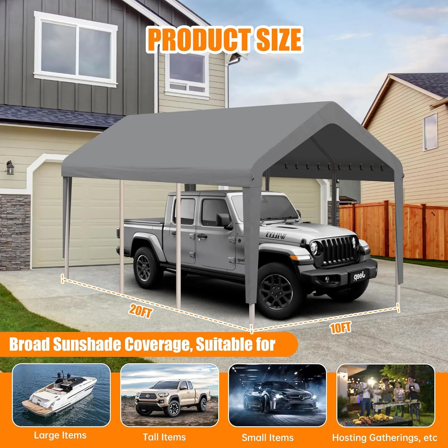 Carport Canopy 10'x20' Heavy Duty Replacement Cover, Garage Shelter Cover 800D Oxford Waterproof & UV Protected Tarp with Ball Bungees, Not Include Frame, Gray