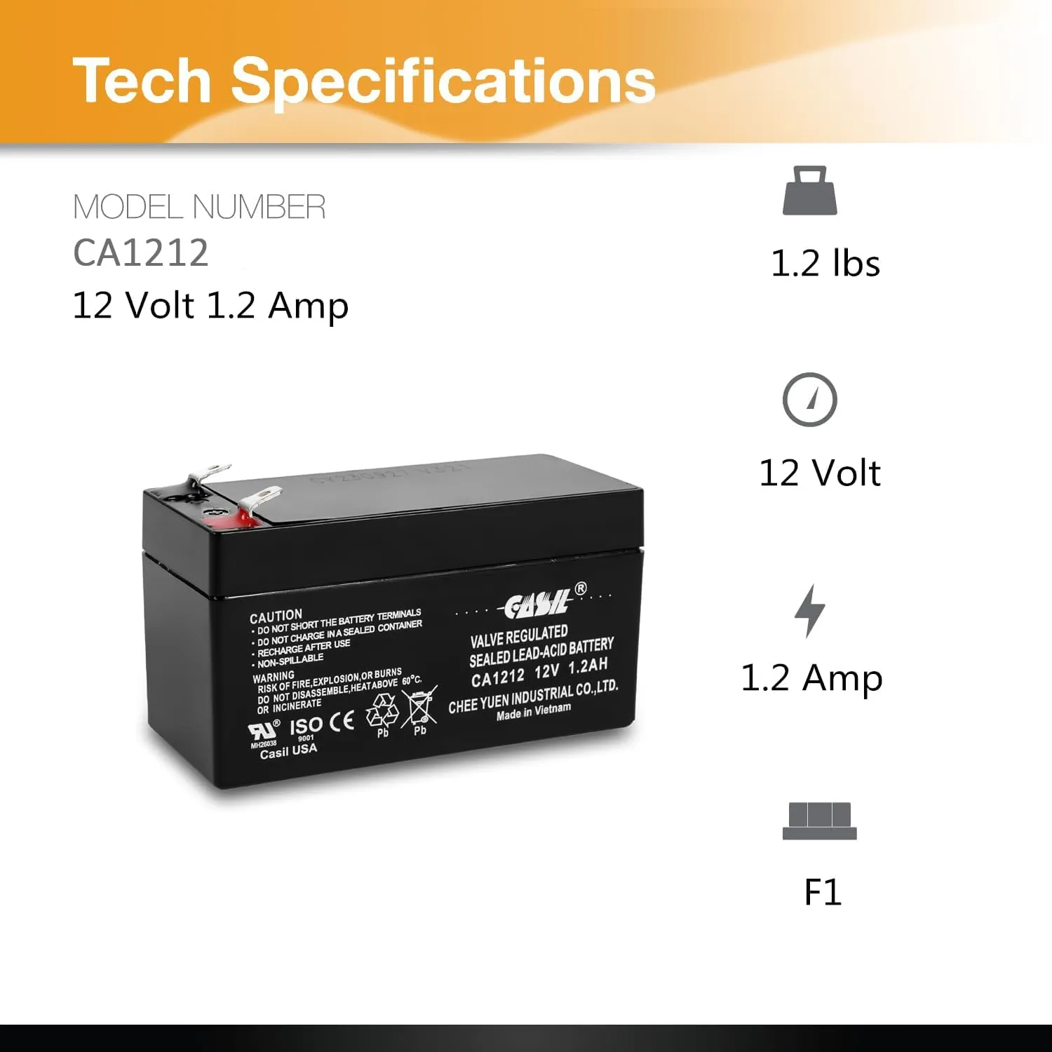 Casil 12V 1.2Ah Replacement Battery Compatible with ADI/Ademco 484 Security System, Technacell TC1212 Emergency Light